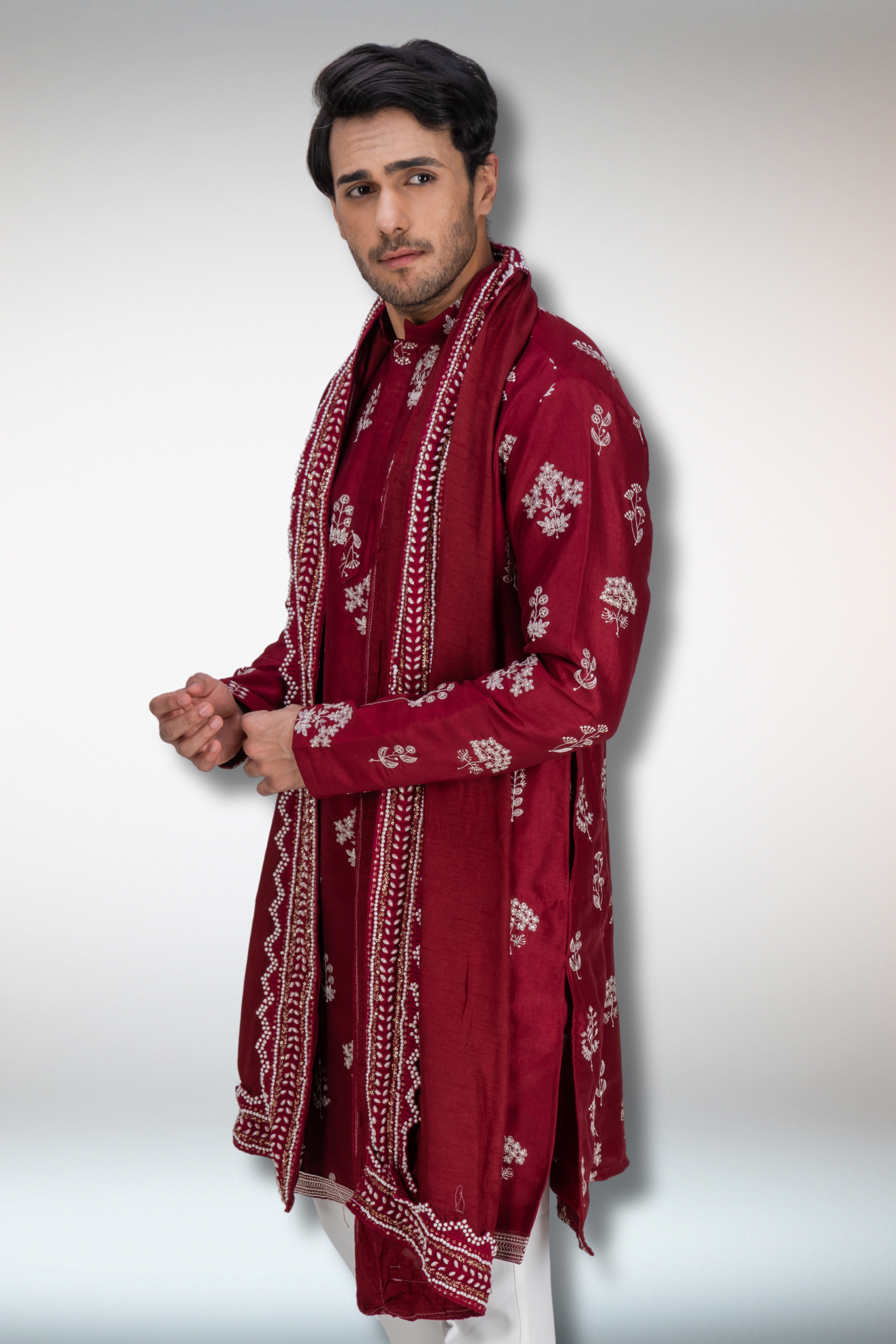 Red Handworked Kurta and Dupatta Set