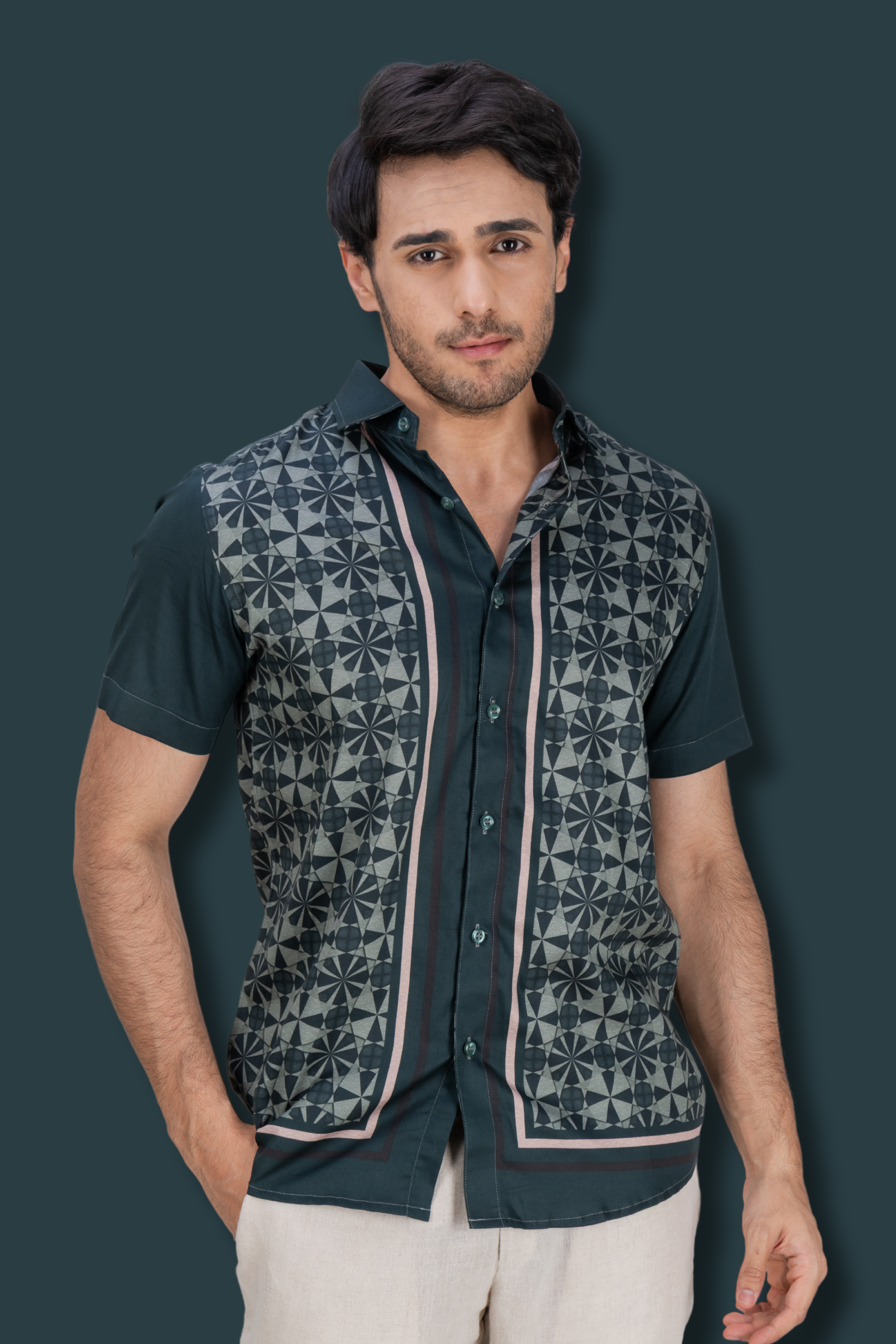 Bottle green cotton printed shirt