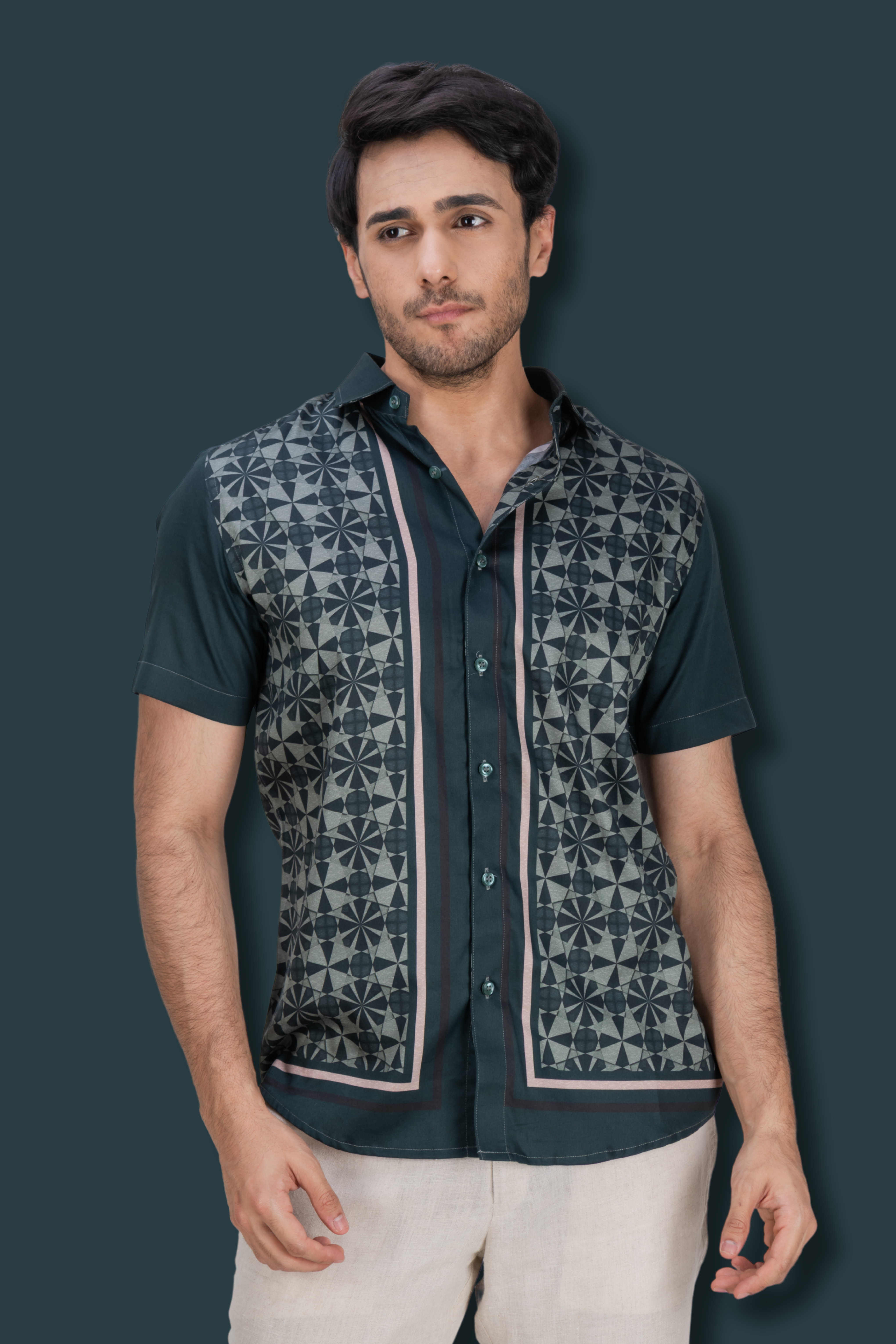 Bottle green cotton printed shirt
