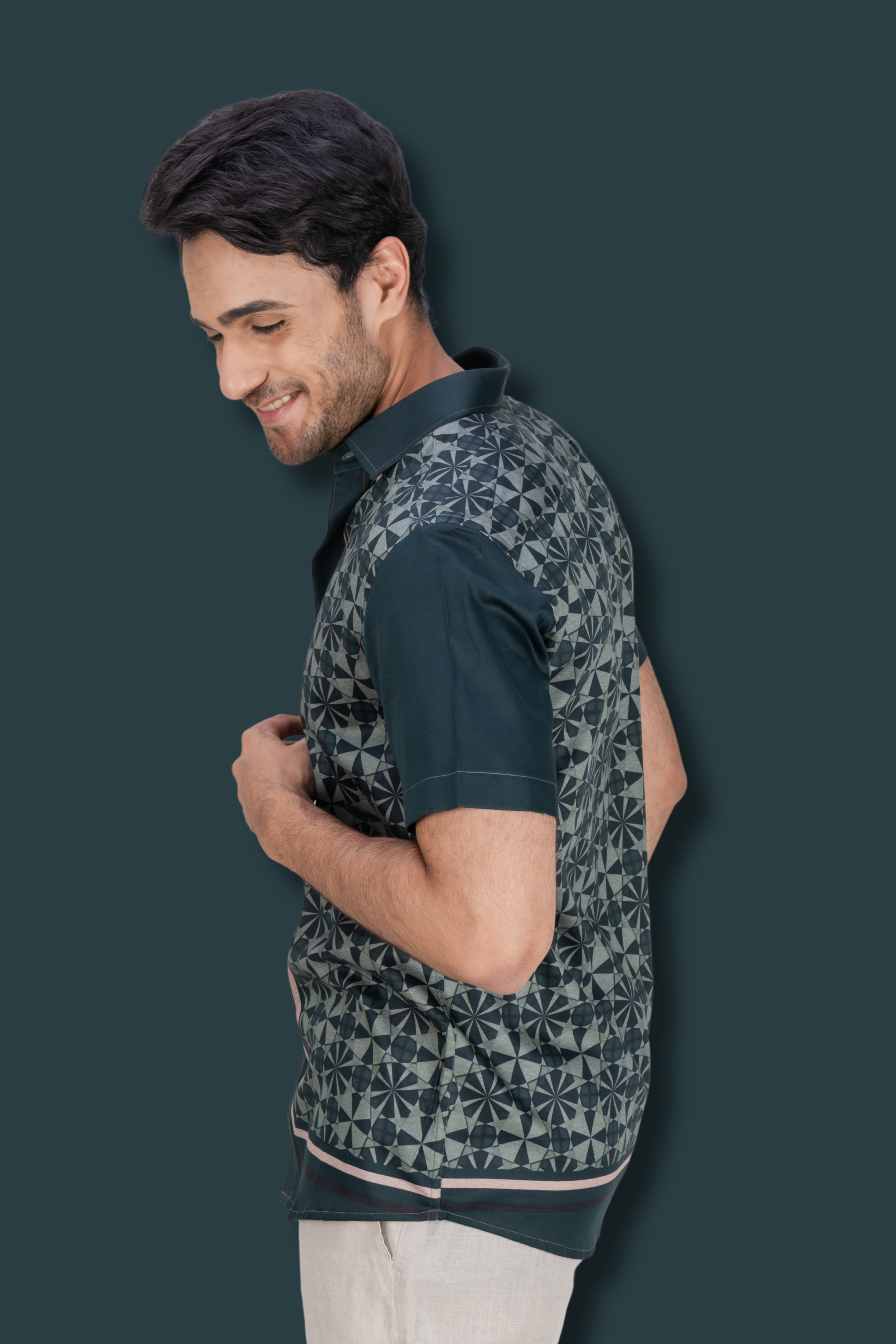 Bottle green cotton printed shirt