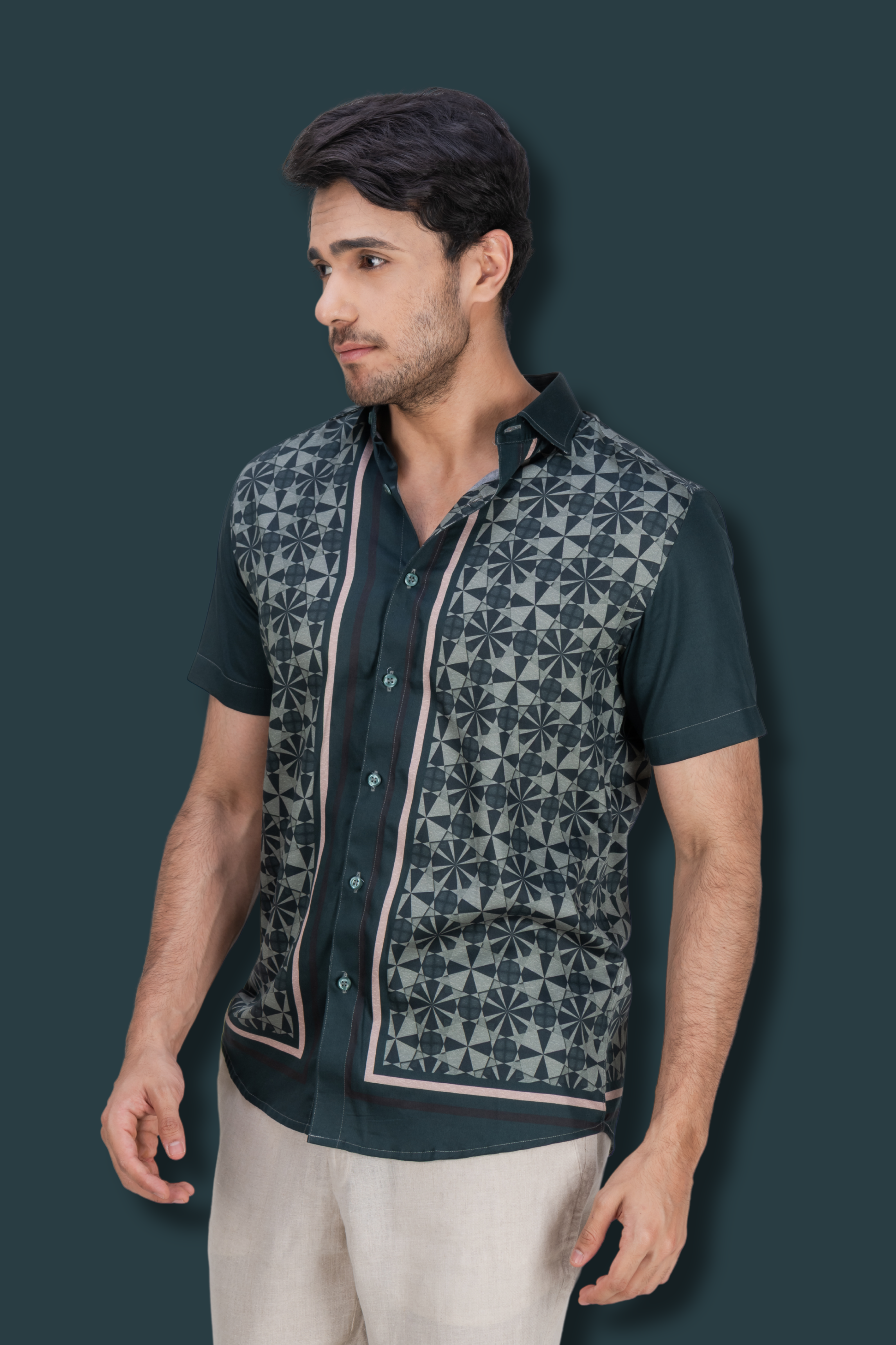 Bottle green cotton printed shirt