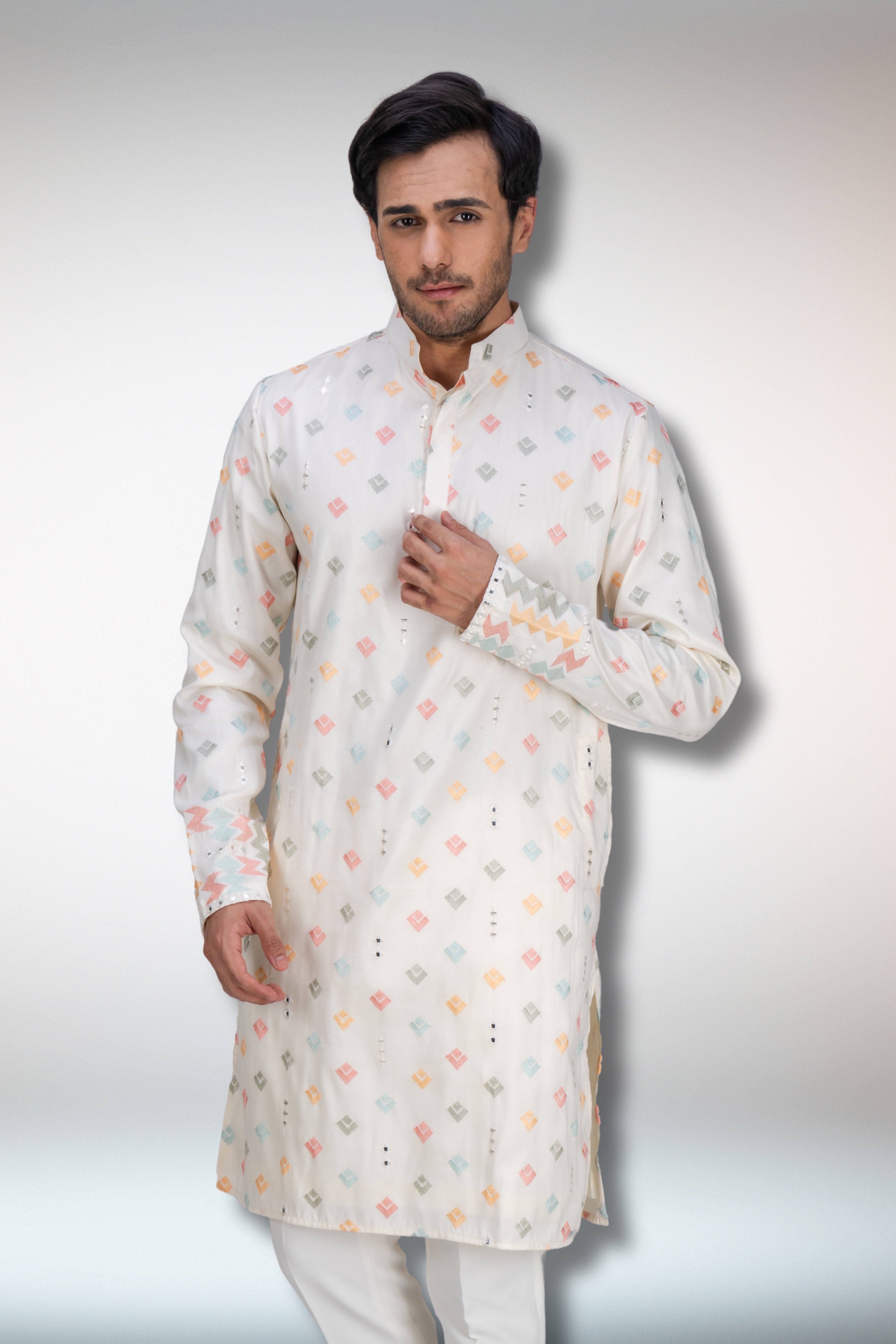 Multi Colour worked ivory kurta