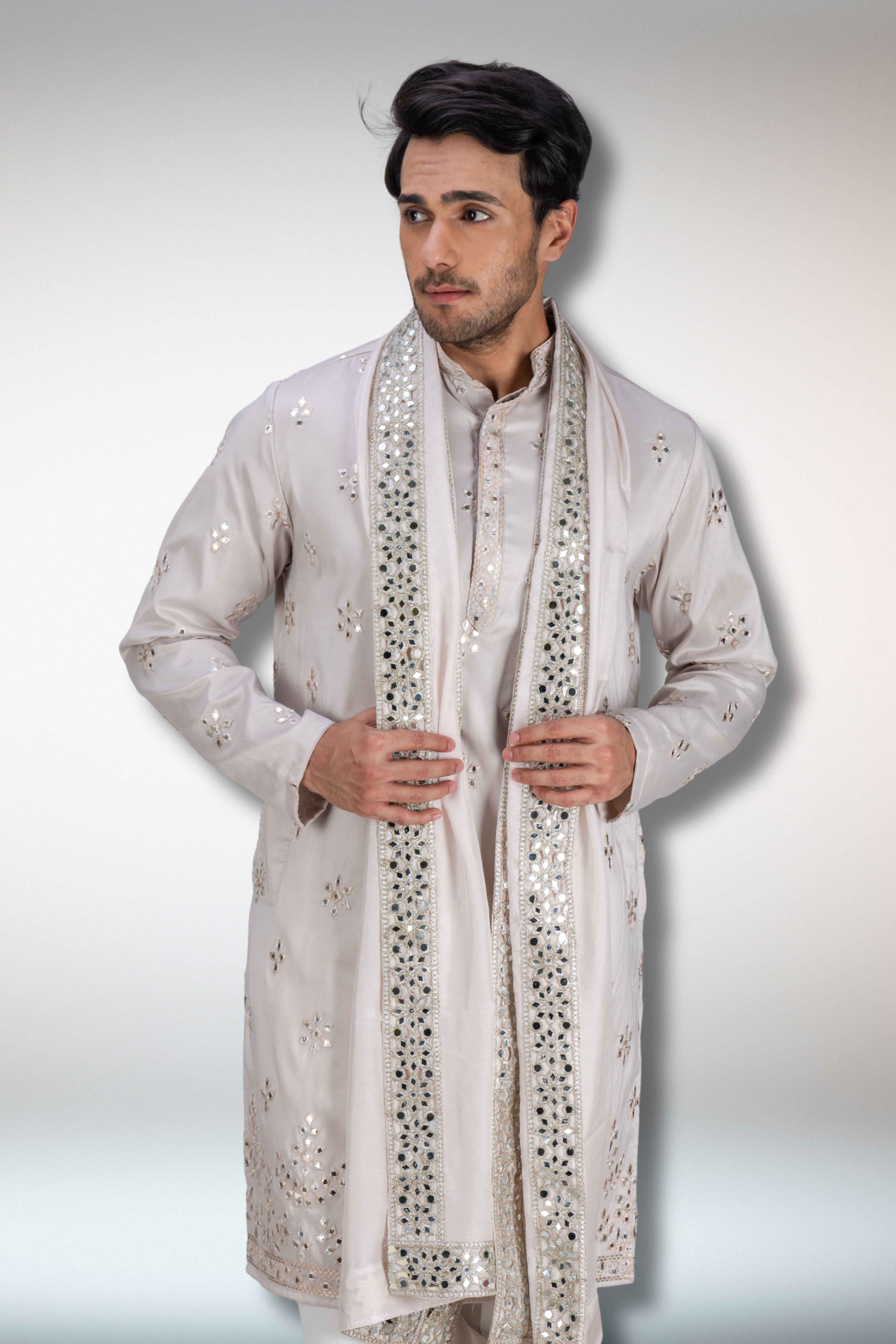 Silver Handworked Kurta and Dupatta Set