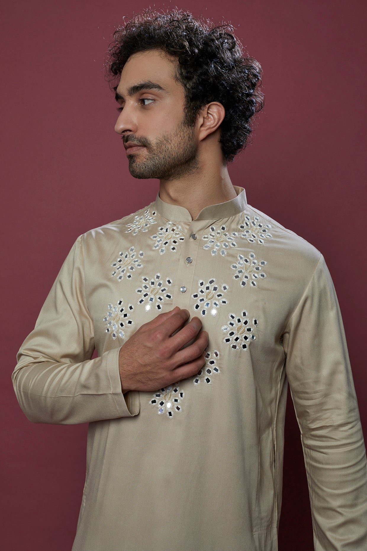Beige Mirror work kurta set
