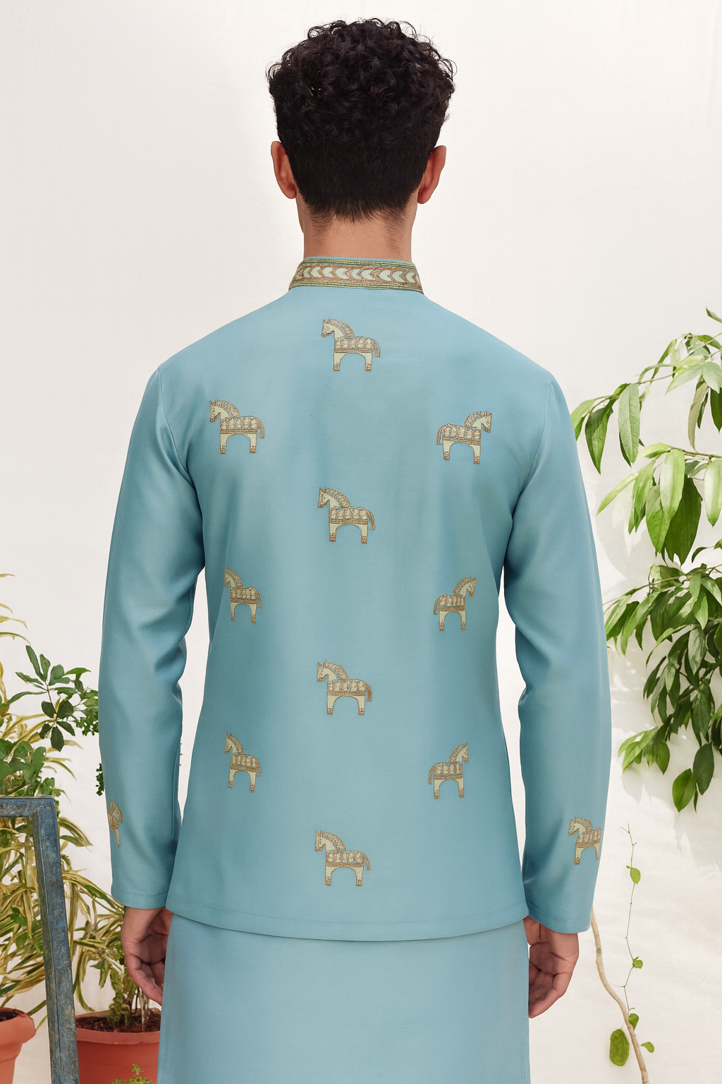 Powder Blue Embroidered Bandhi Set for Men – Royal Horse Motif Festive Wear