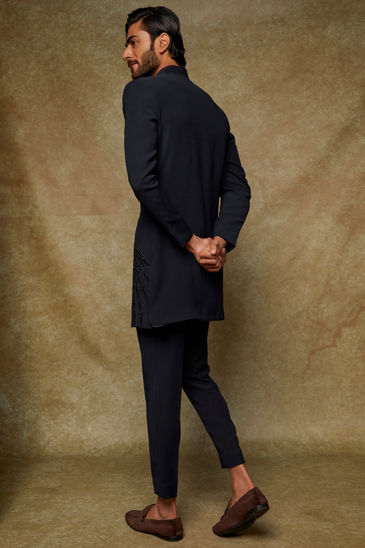 Navy Blue Twill Hand Embroidered Indowestern Jacket Set