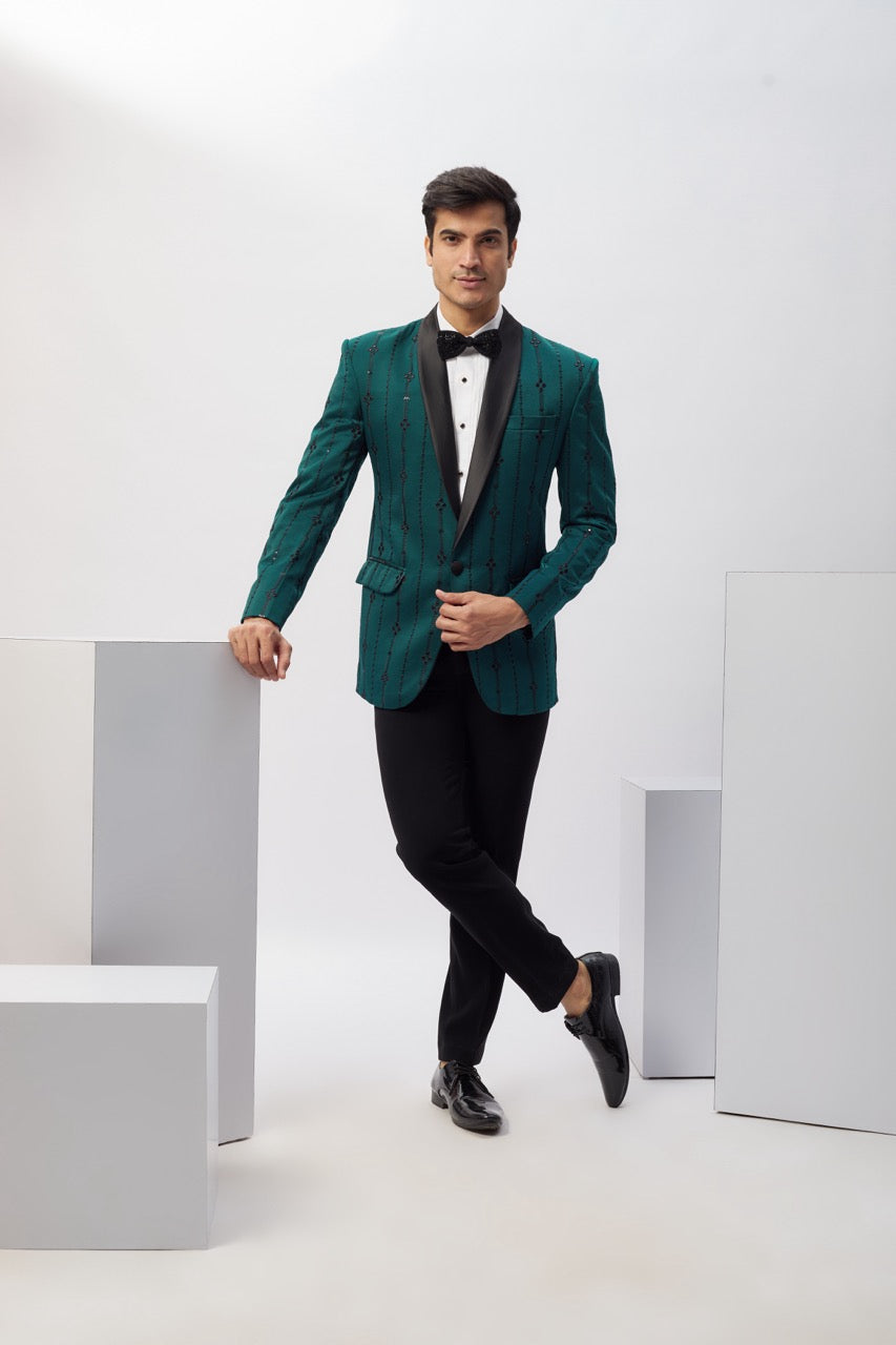 Teal Green Milan Machine Embroidered Tuxedo Set