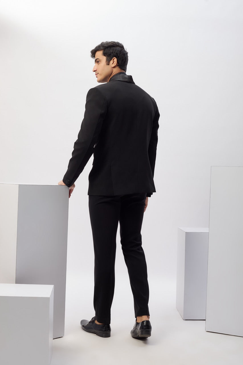 Black Japanese Rayon Hand Work Tuxedo Set