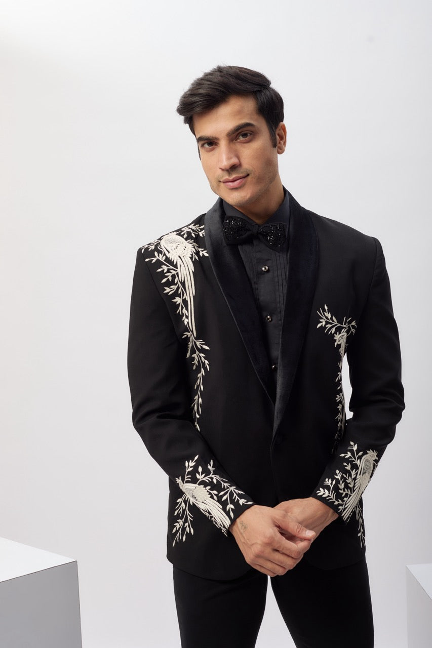 Black Japanese Rayon Hand Work Tuxedo Set