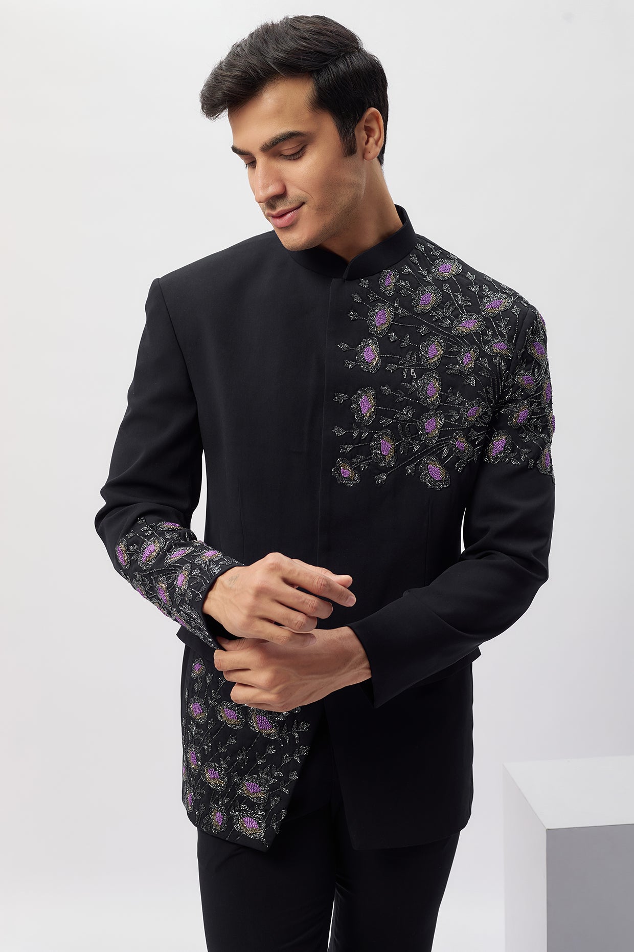 Navy Blue Japanese Rayon Resham Work Bandhgala Set