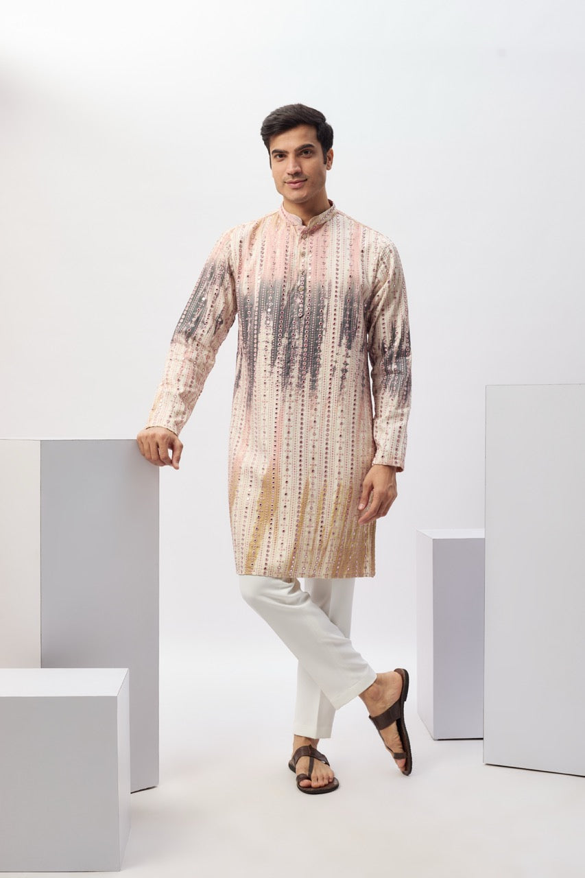 Multi-Colored Lisle Cotton Machine Embroidered Kurta Set