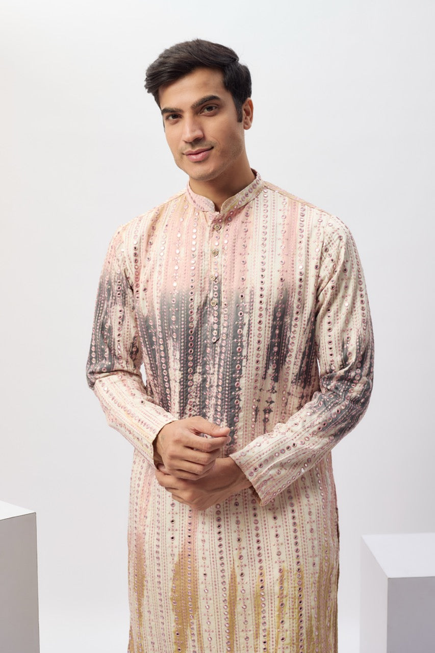Multi-Colored Lisle Cotton Machine Embroidered Kurta Set
