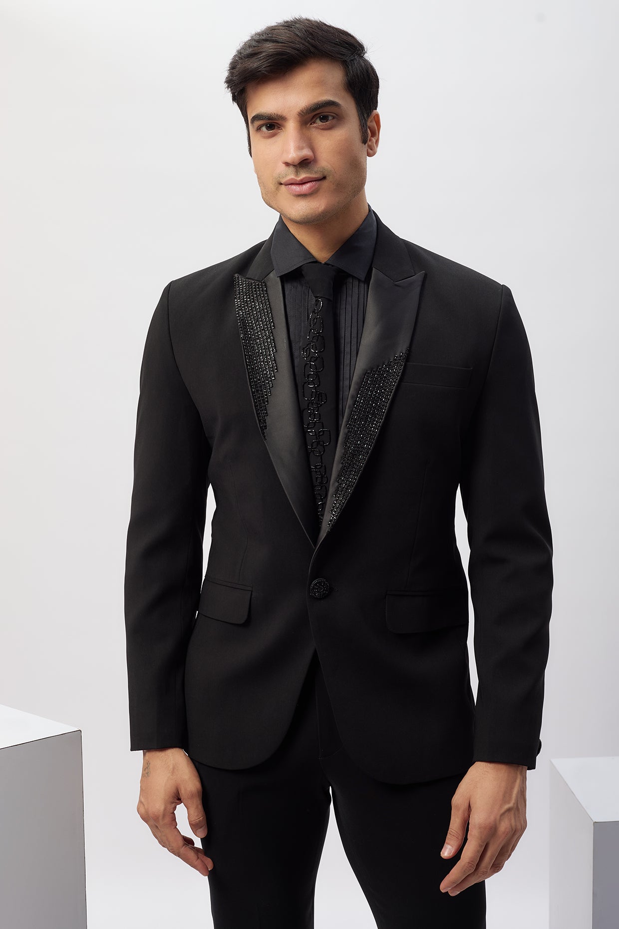 Black Japanese Rayon Hand Work Tuxedo Set