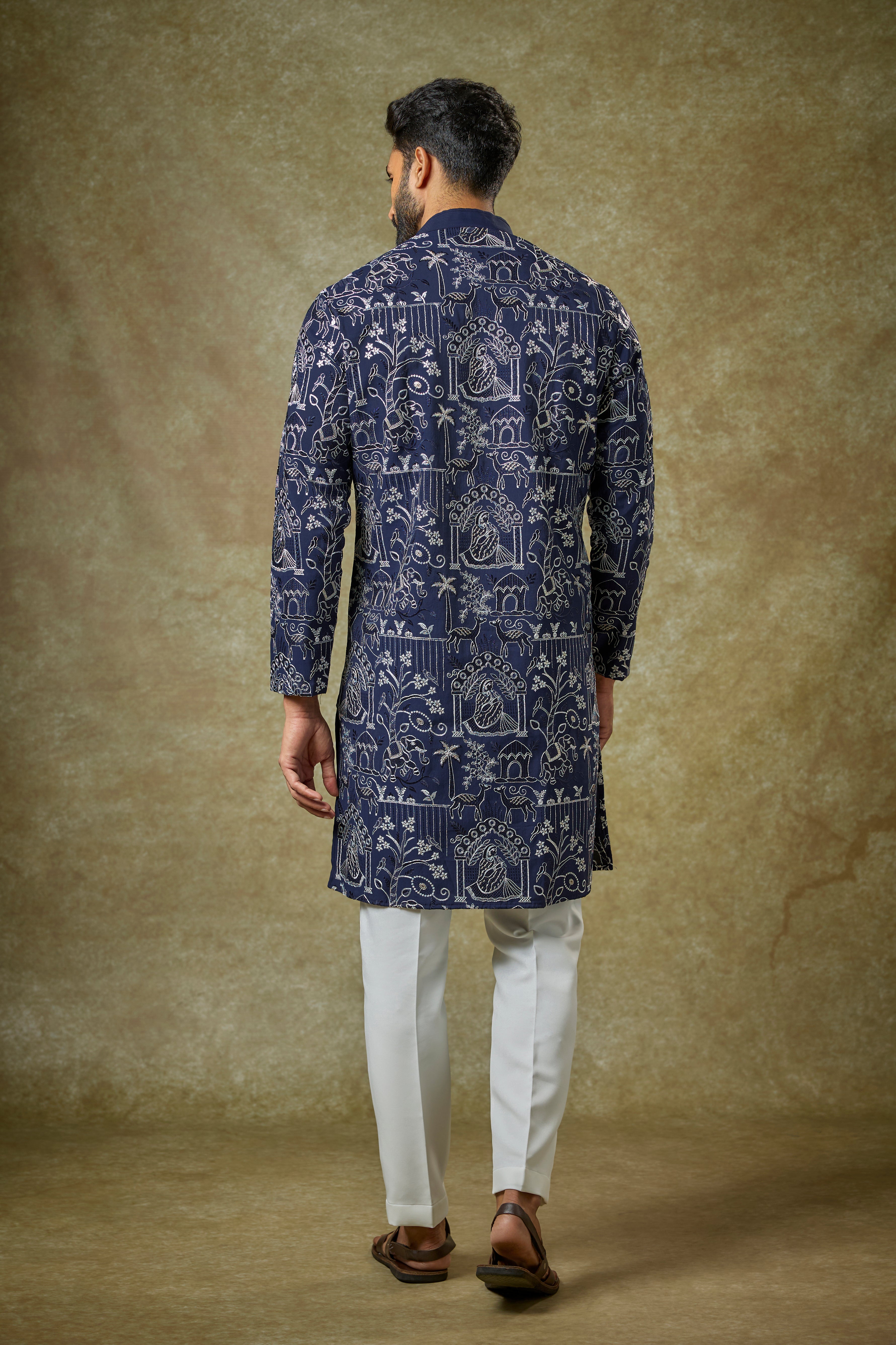 Blue Malai Cotton Silk Thread Embroidered Kurta Set
