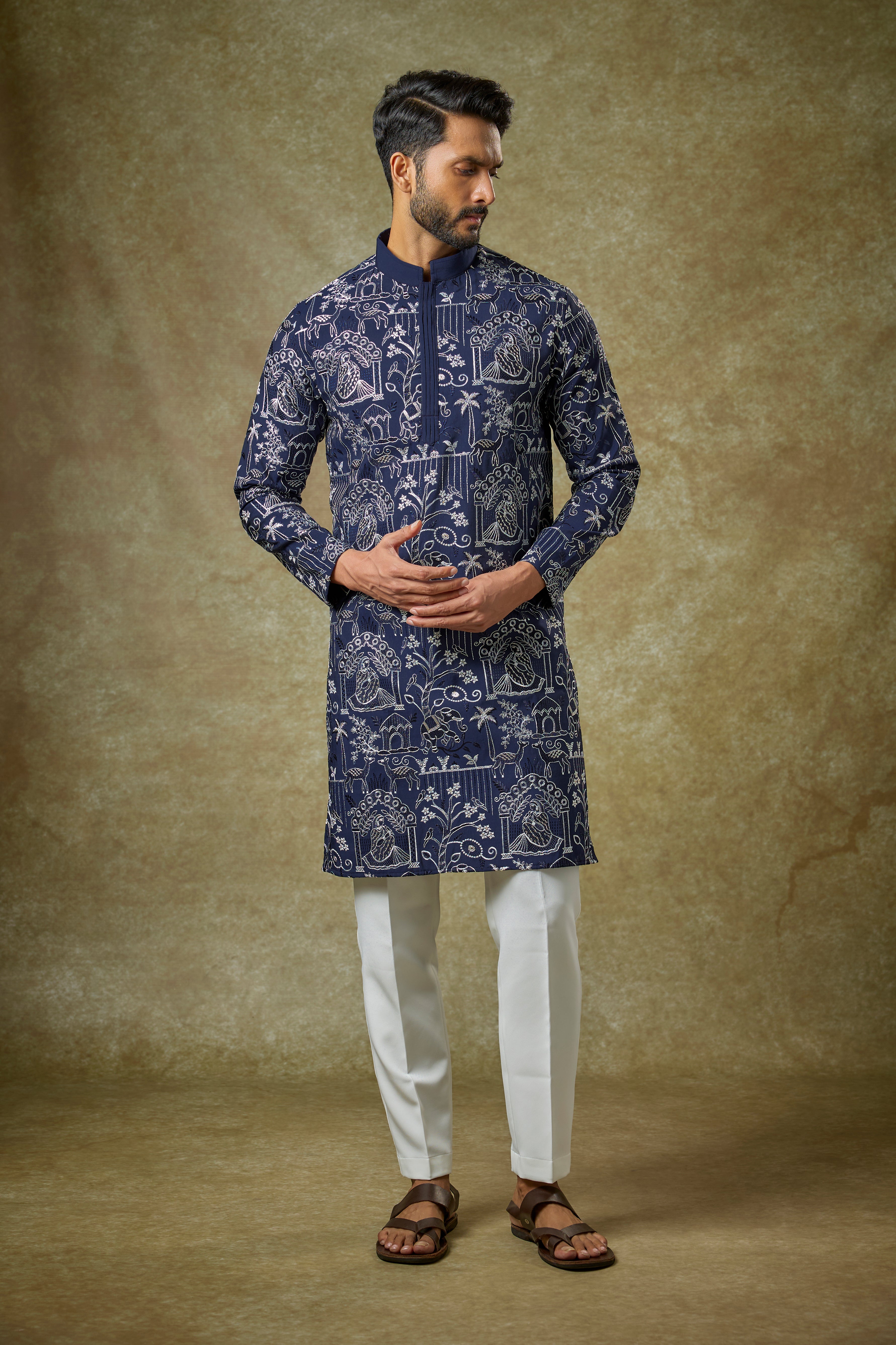 Blue Malai Cotton Silk Thread Embroidered Kurta Set