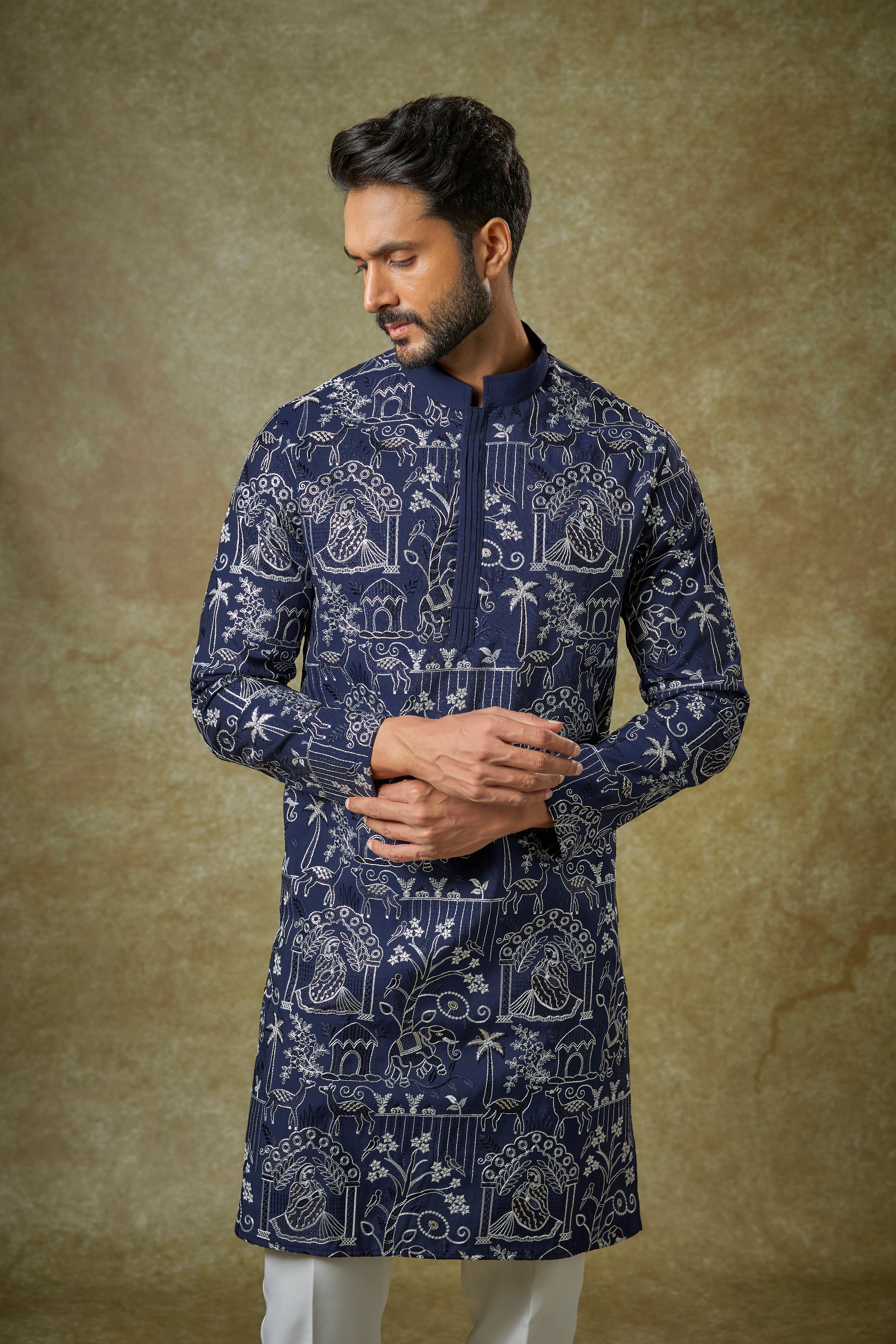 Blue Malai Cotton Silk Thread Embroidered Kurta Set