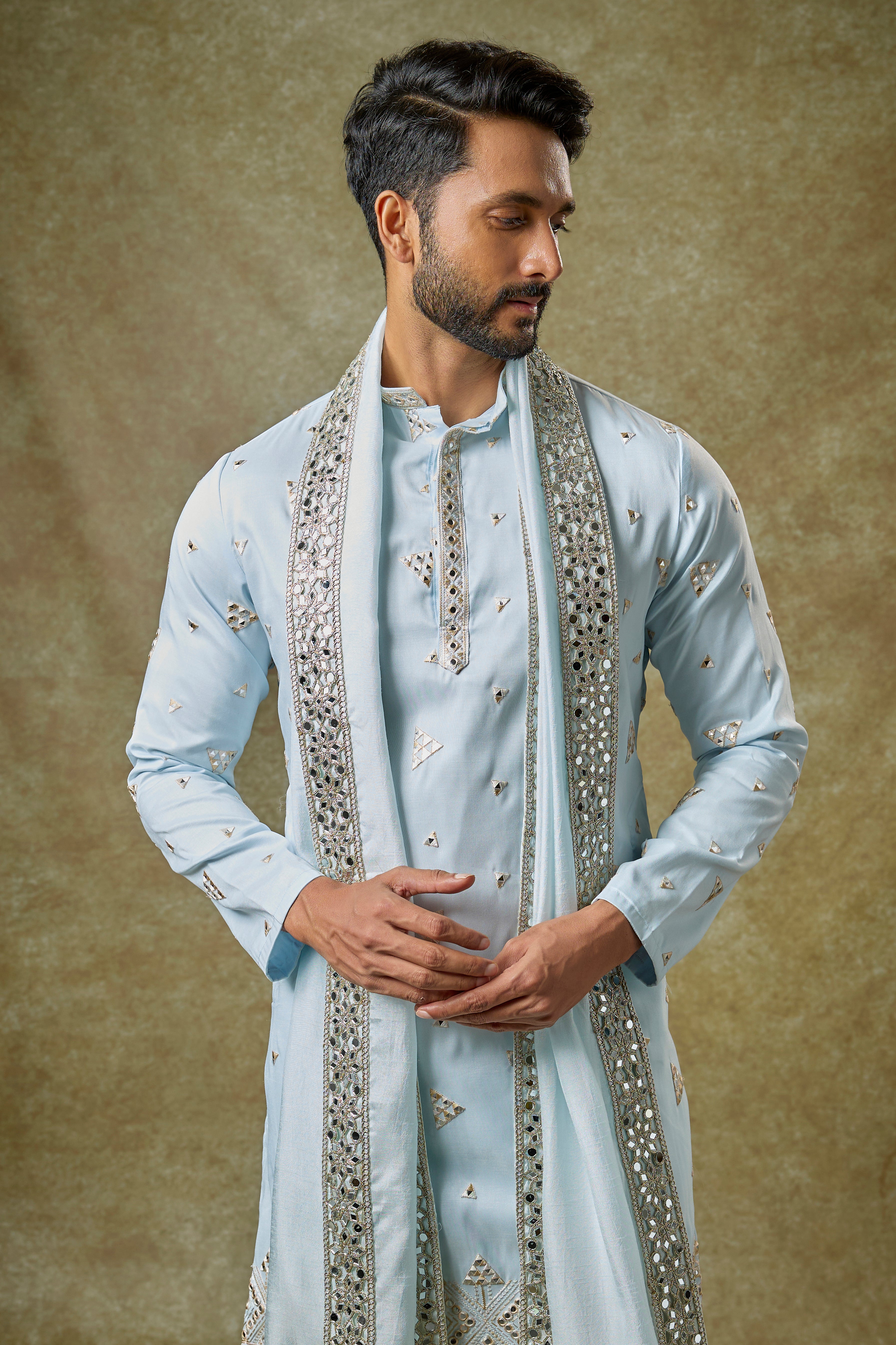 Sky Blue Silk Mirror Work Kurta Set