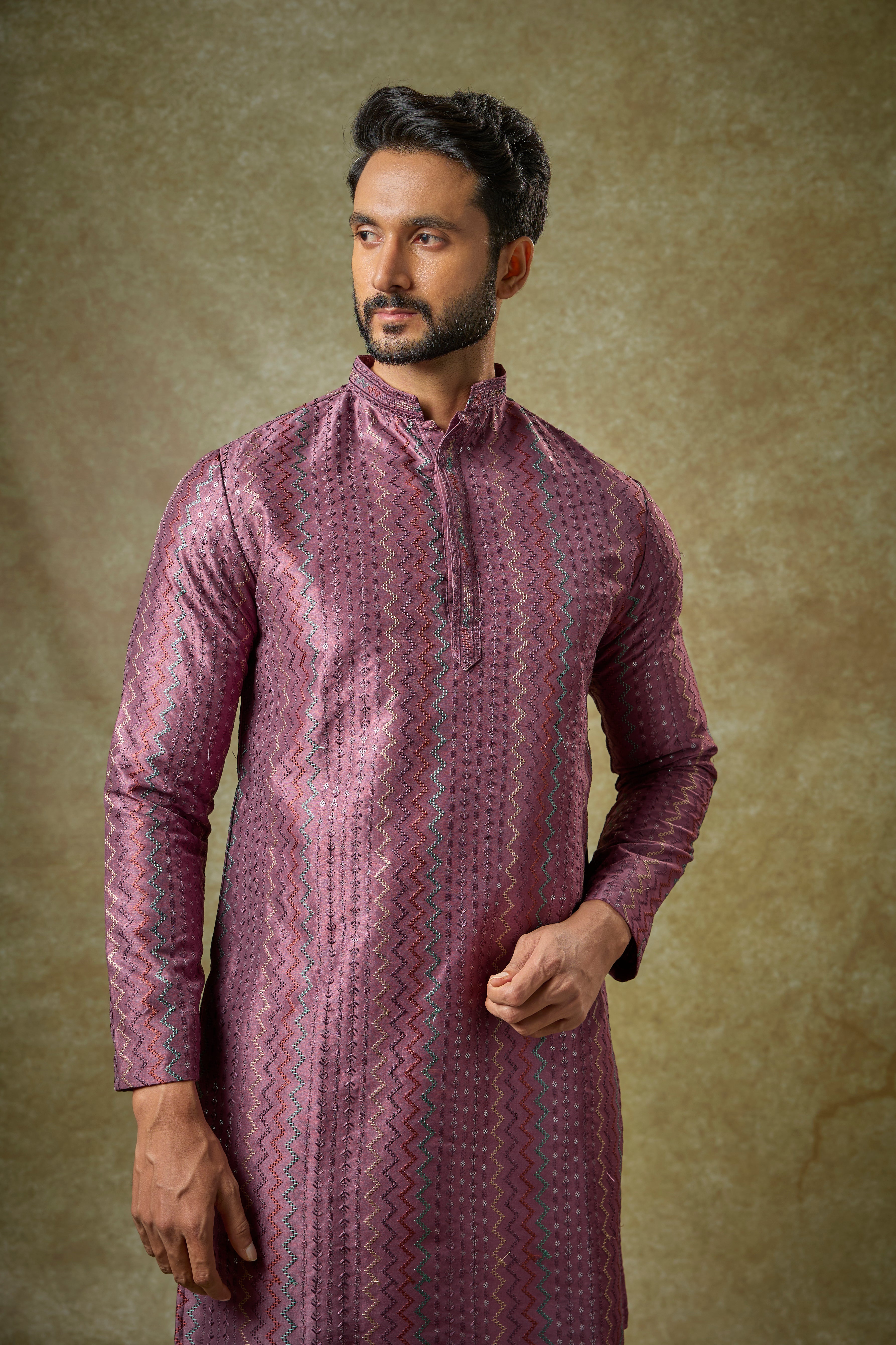Deep Purple Silk Thread Embroidered Kurta Set