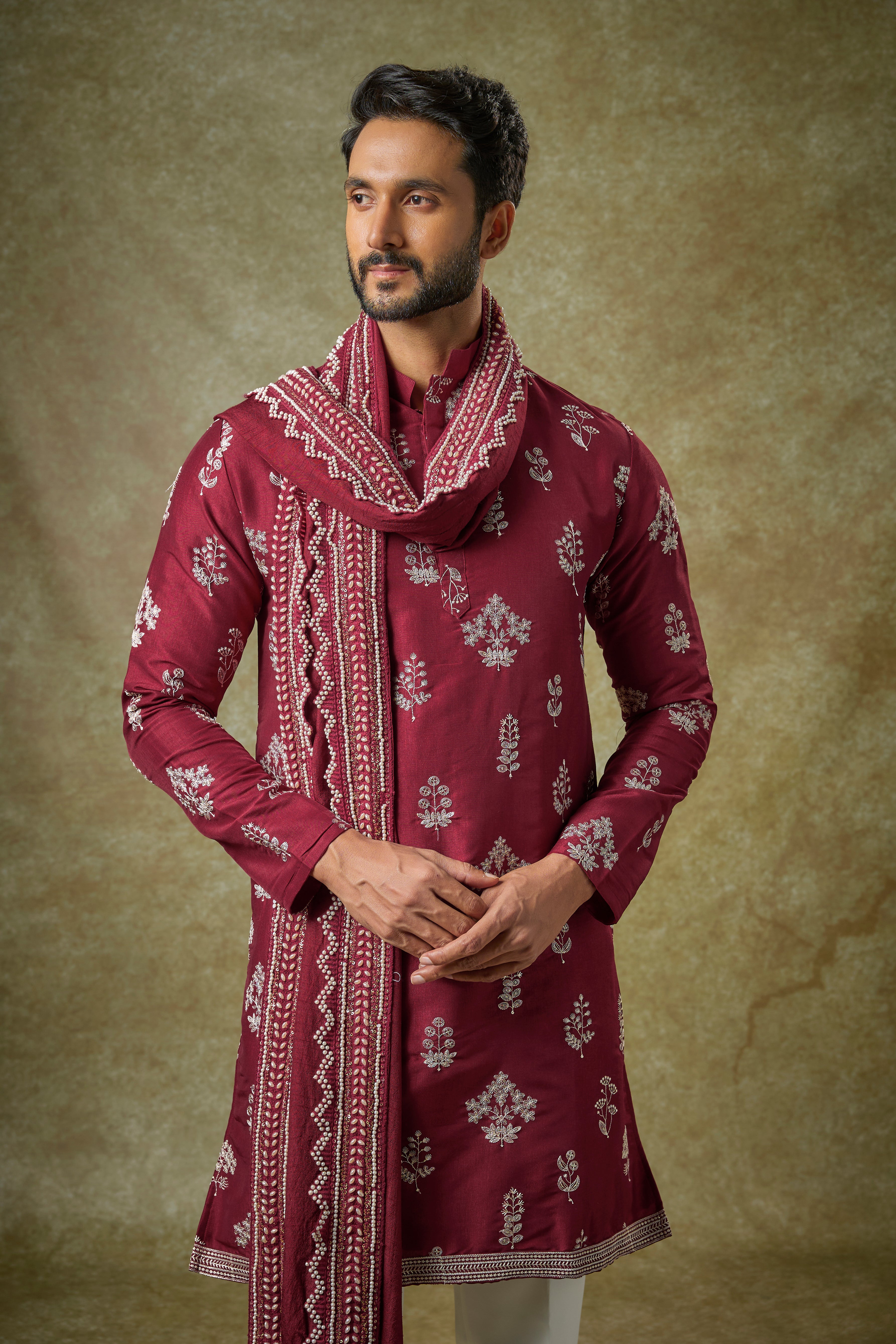 Red Silk Zari Embroidered Kurta Set
