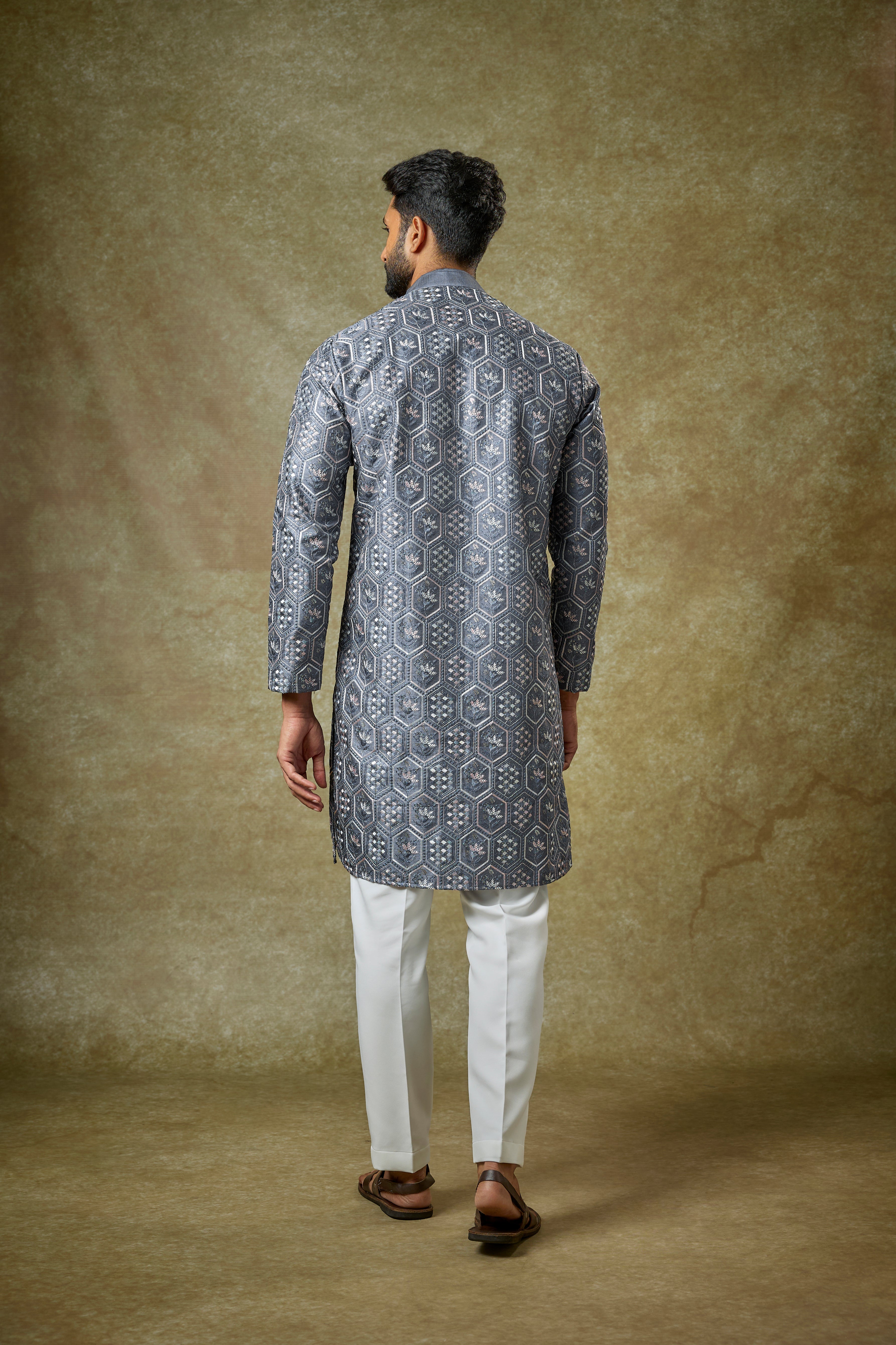 Ash Grey Malai Cotton Silk Thread Embroidered Kurta Set