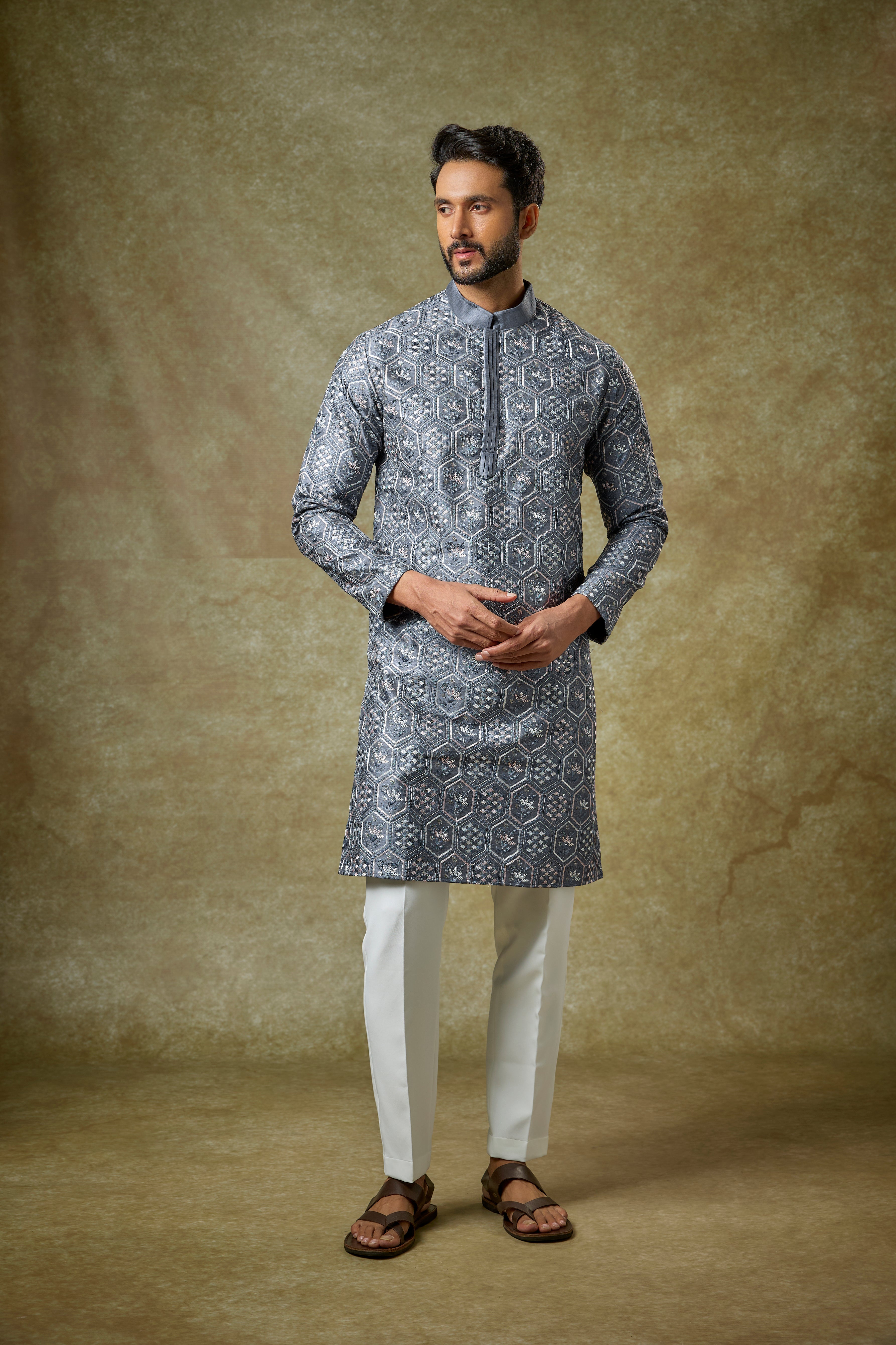 Ash Grey Malai Cotton Silk Thread Embroidered Kurta Set