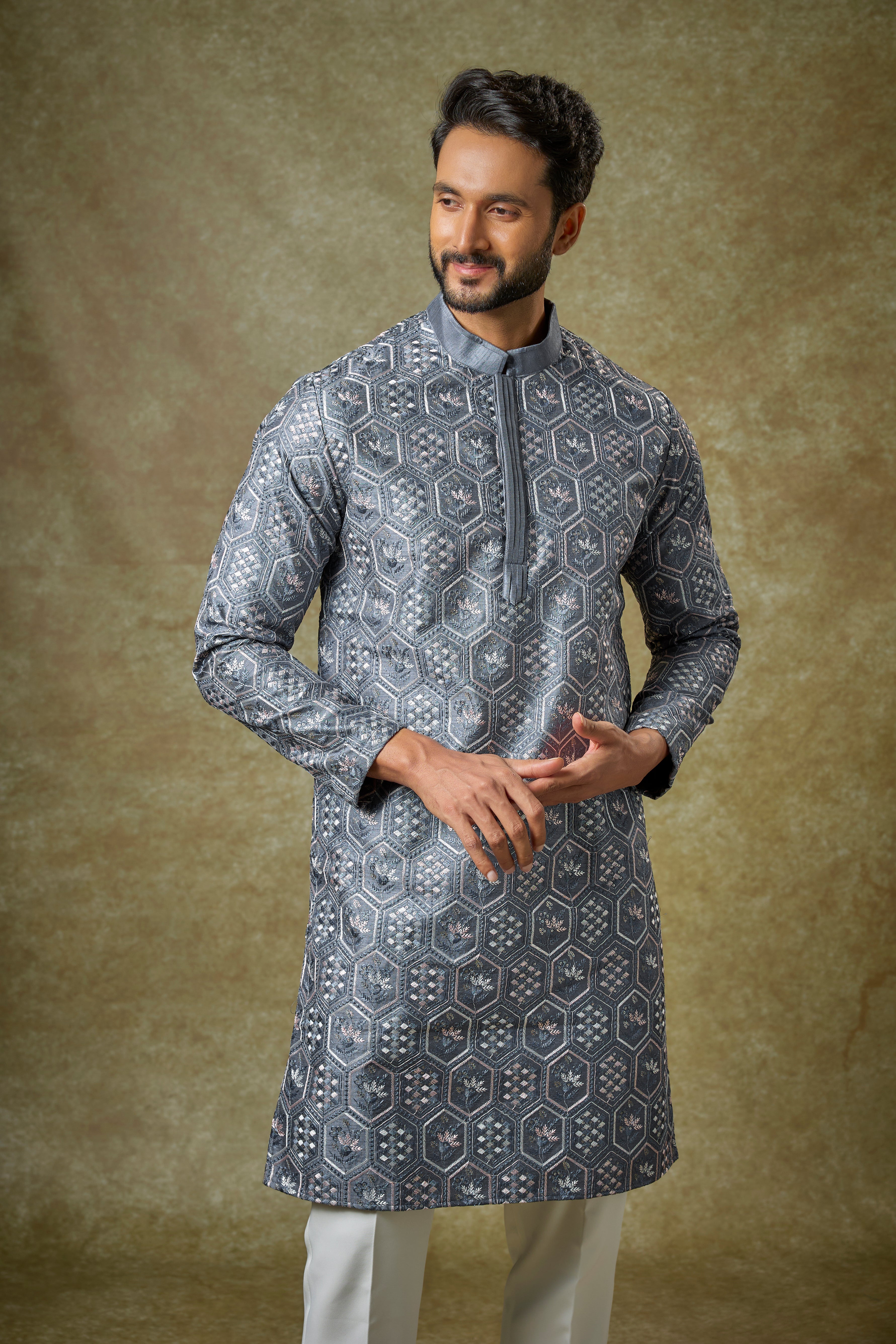 Ash Grey Malai Cotton Silk Thread Embroidered Kurta Set