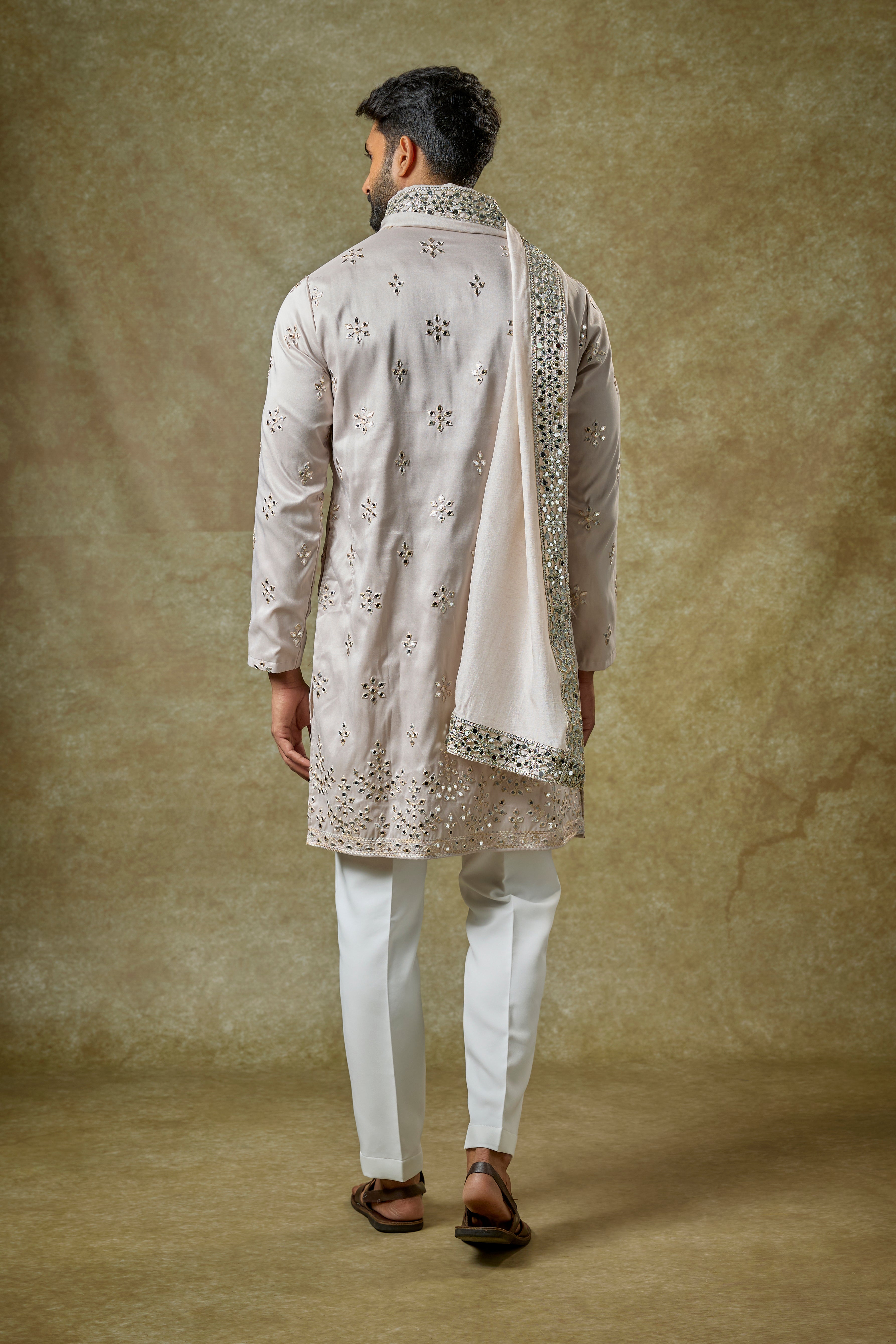 Light Grey Silk Mirror Work Kurta Set