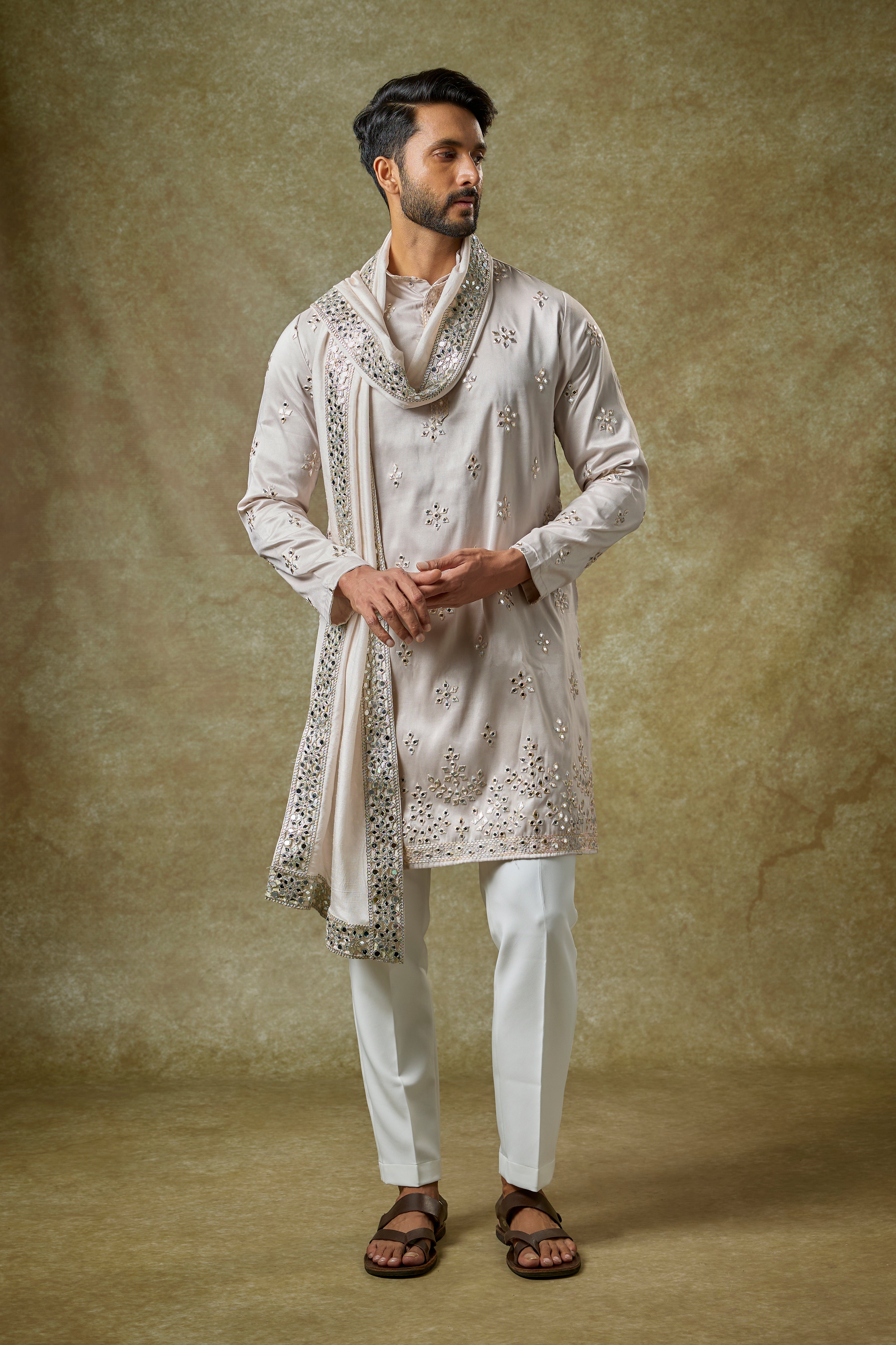 Light Grey Silk Mirror Work Kurta Set