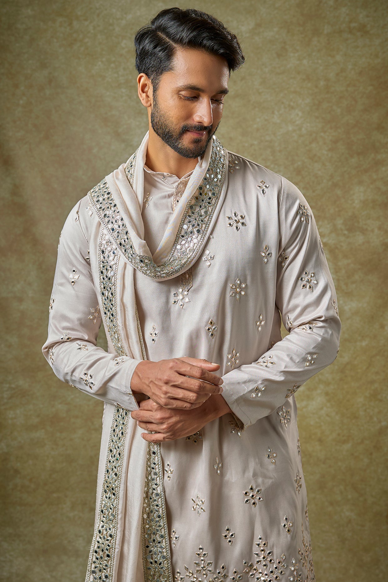 Light Grey Silk Mirror Work Kurta Set