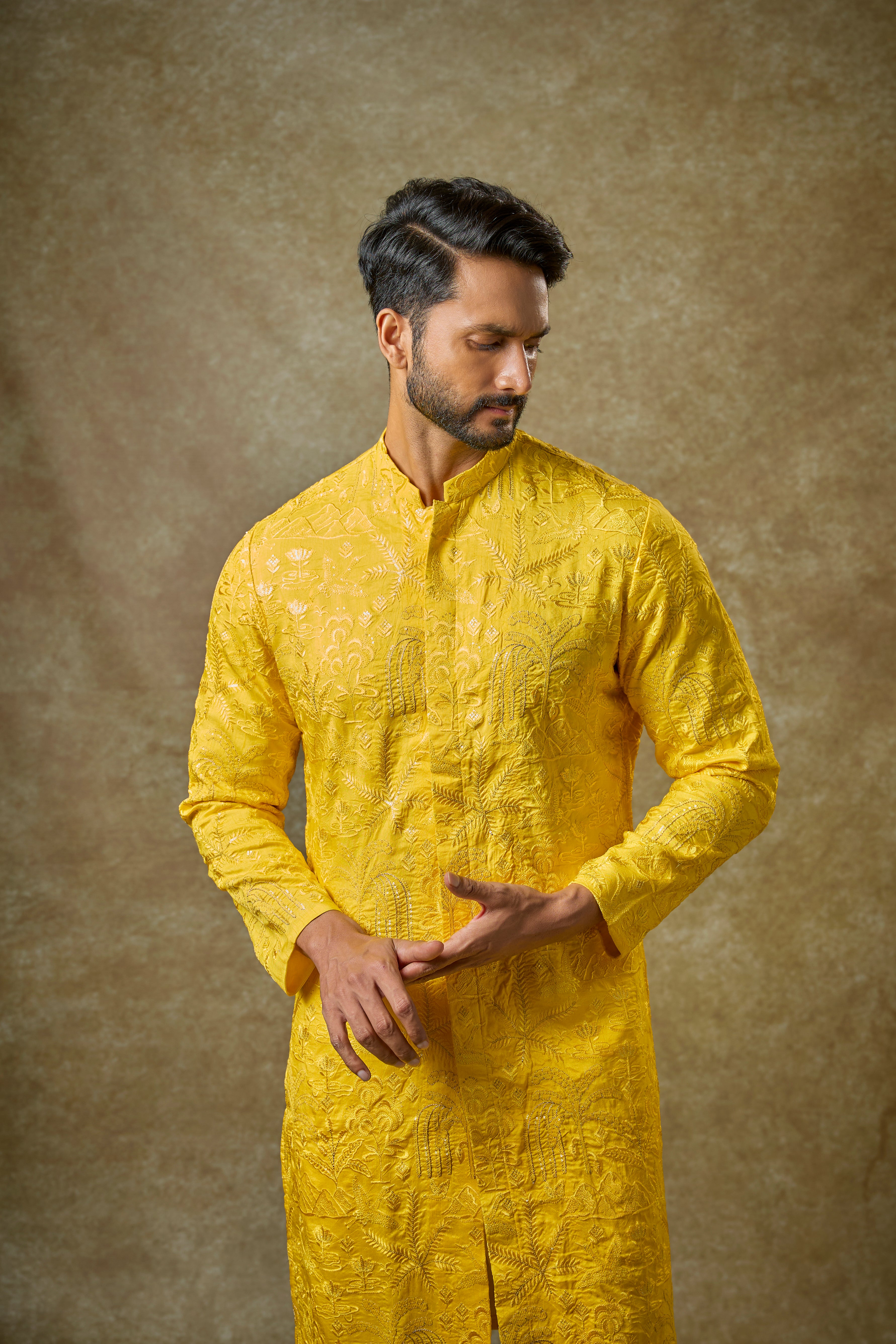 Yellow Silk Zari Embroidered Kurta Set