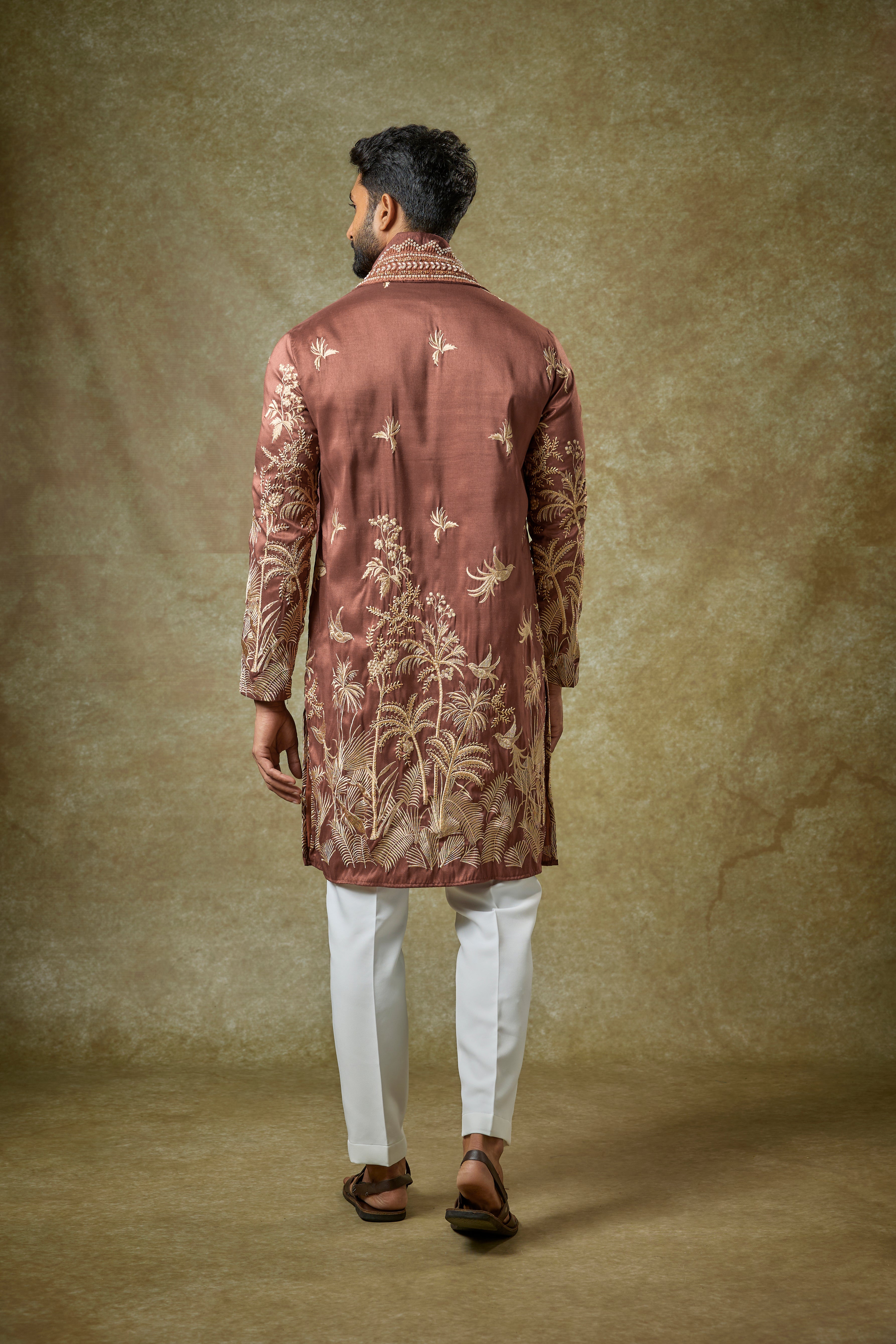 Rust Brown Silk Thread Embroidered Kurta Set