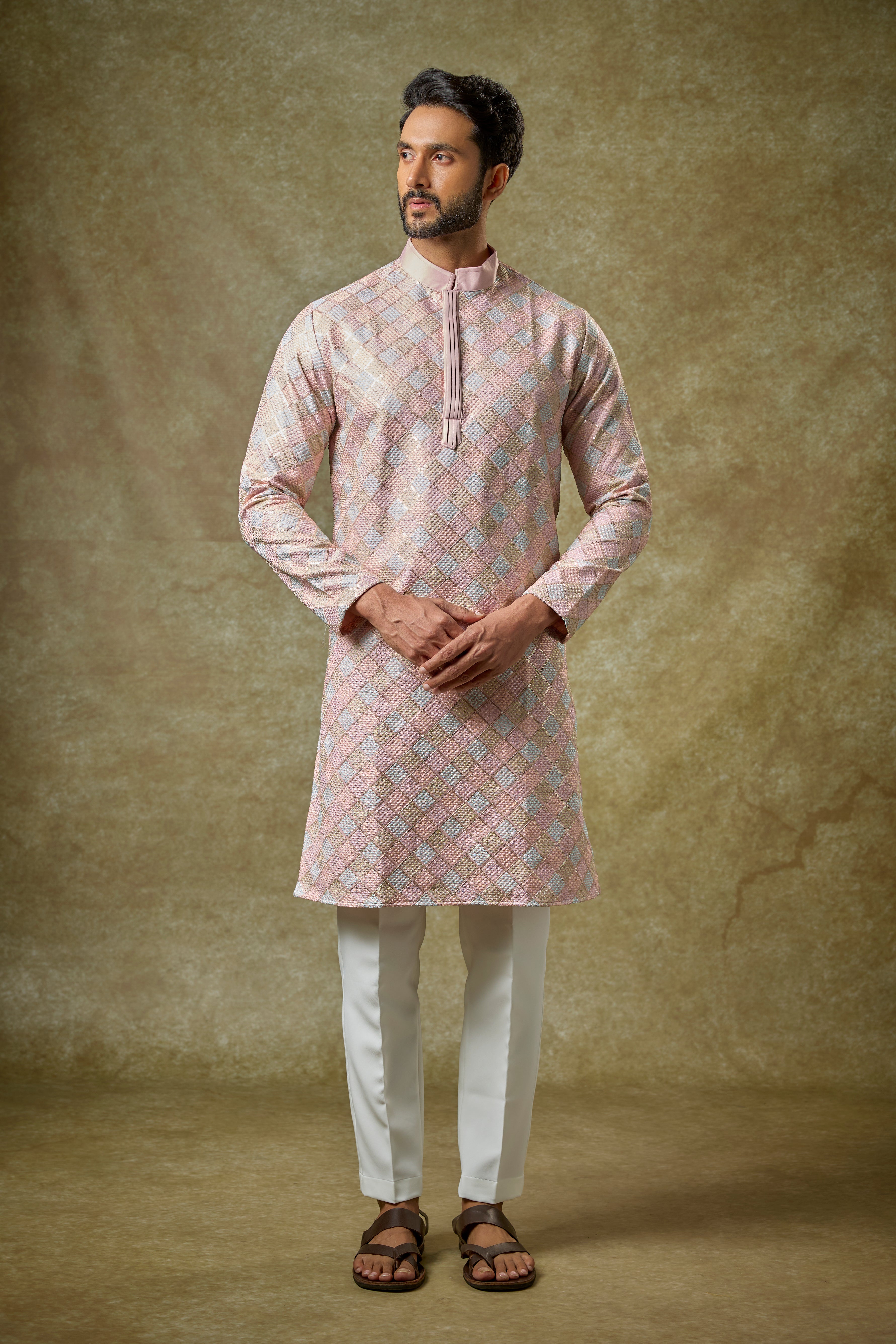 Light Pink Malai Cotton Silk Thread Embroidered Kurta Set