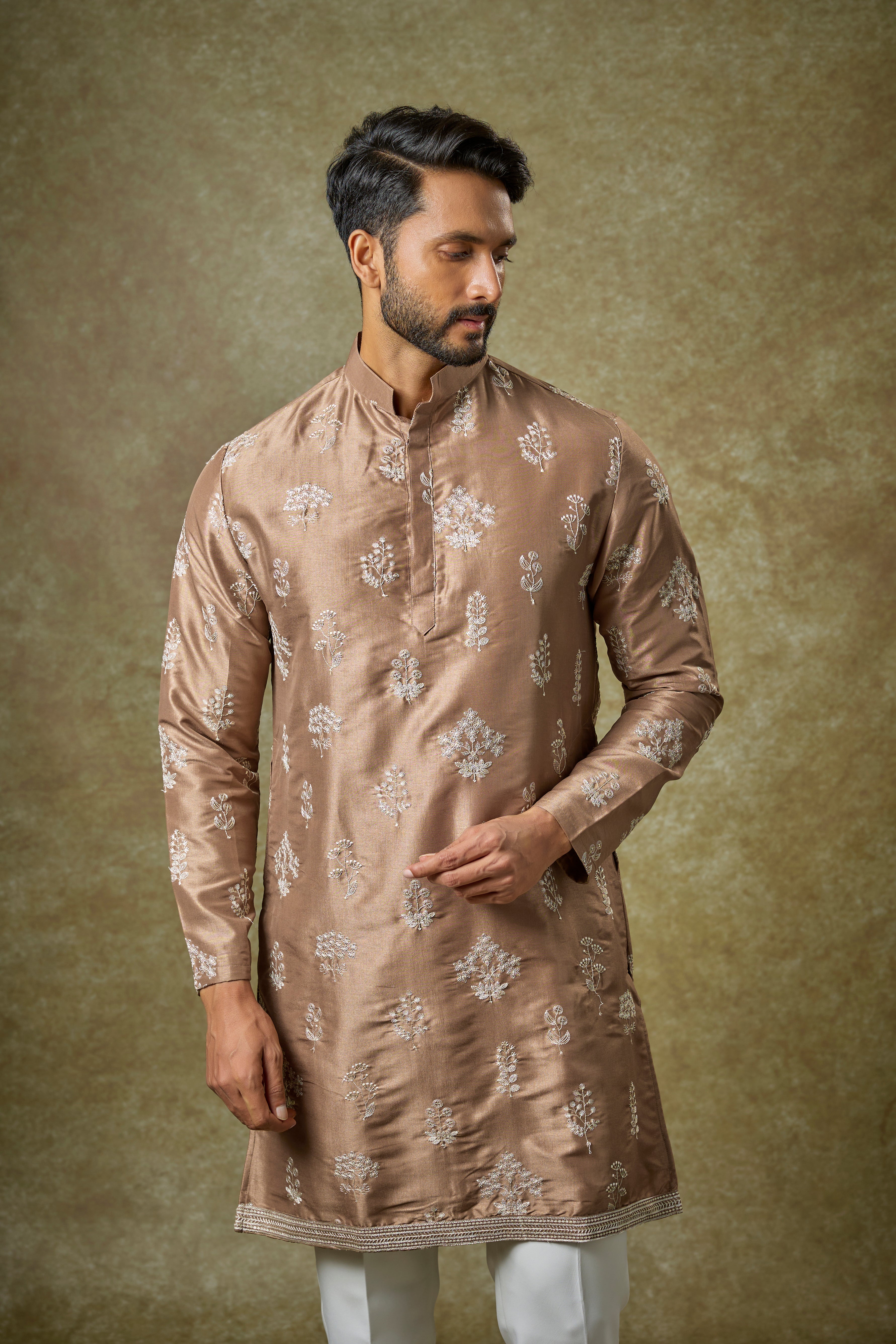 Brown Silk Zari Embroidered Kurta Set