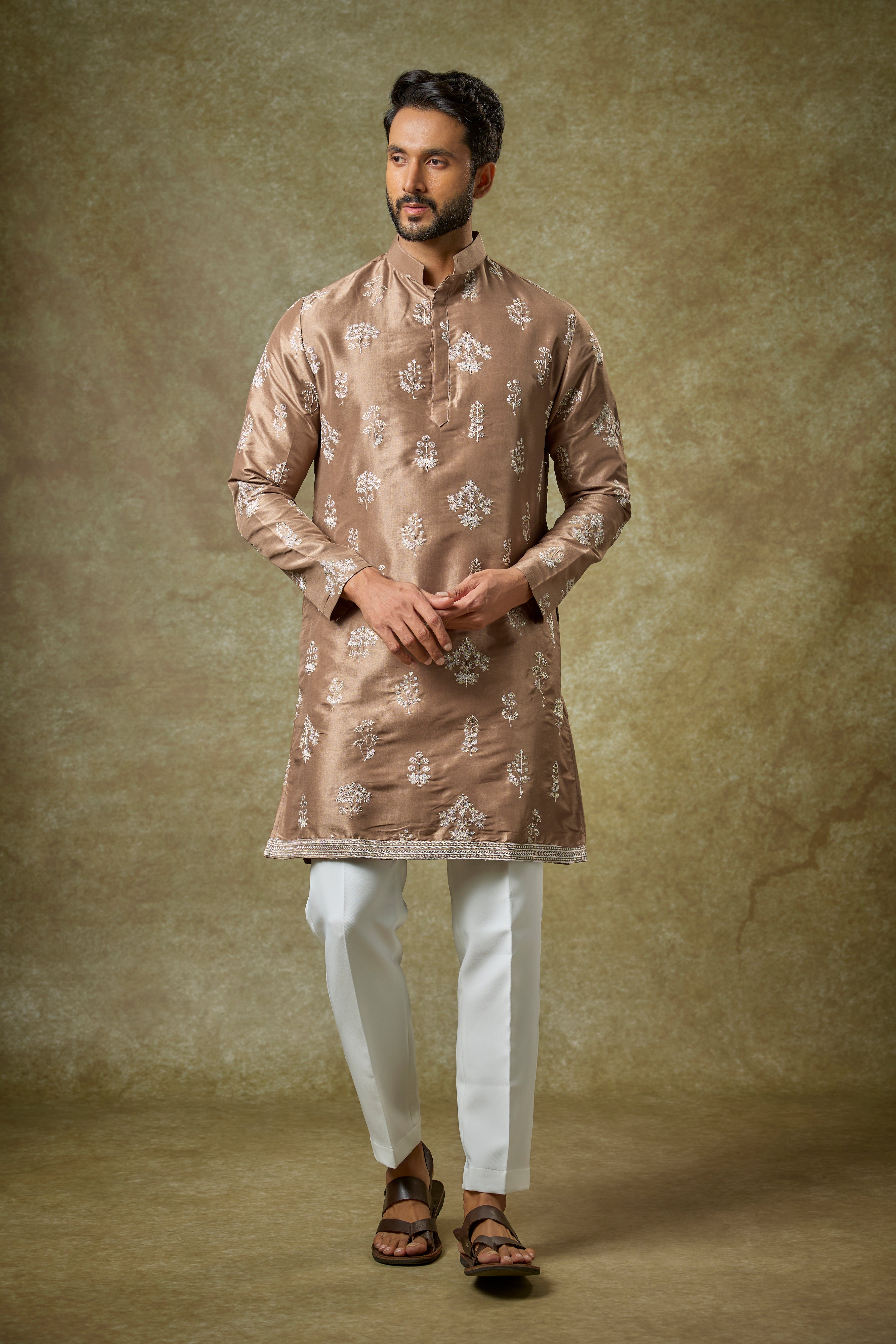 Brown Silk Zari Embroidered Kurta Set