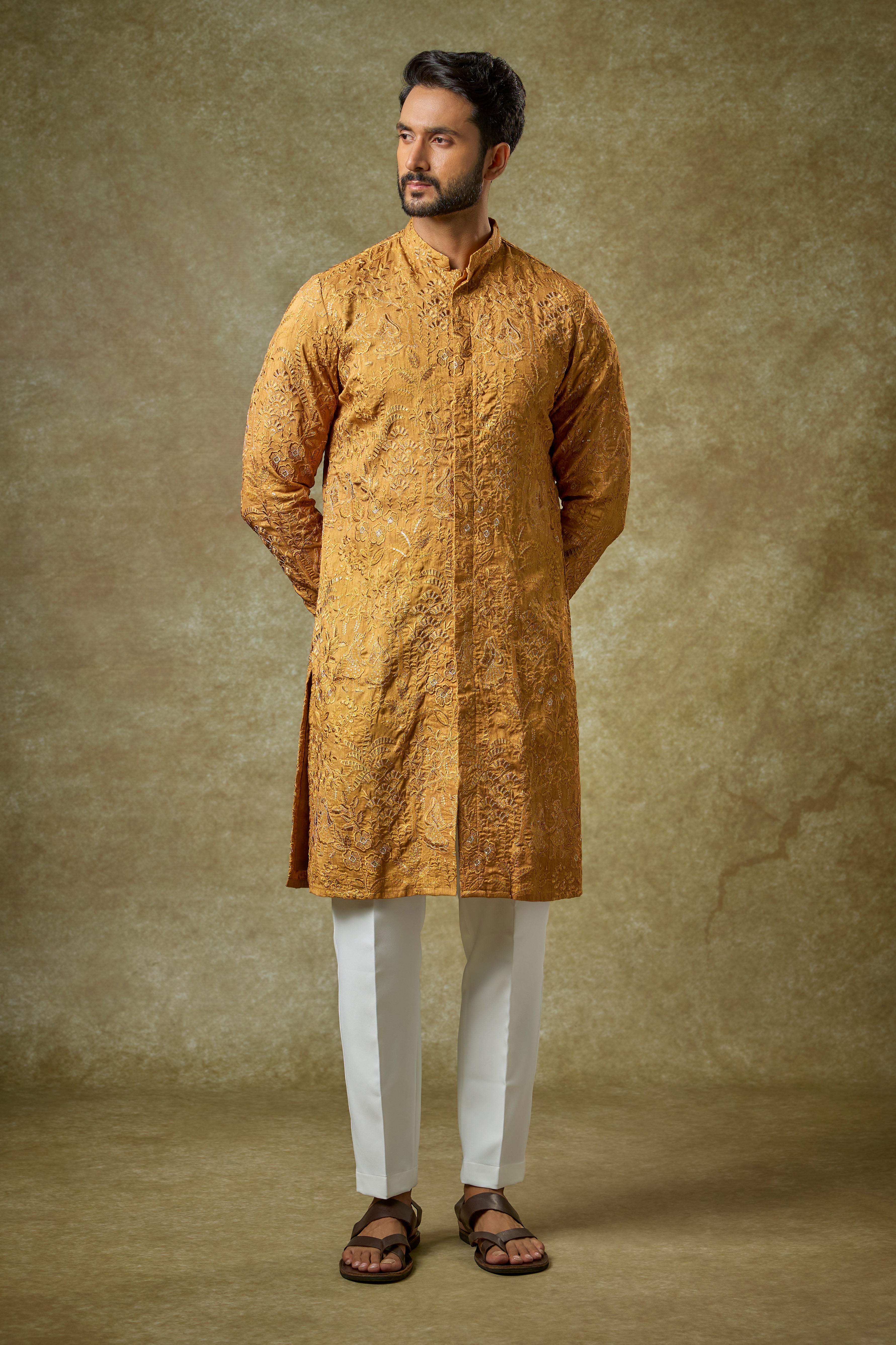 Dull Gold Silk Zari Embroidered Kurta Set