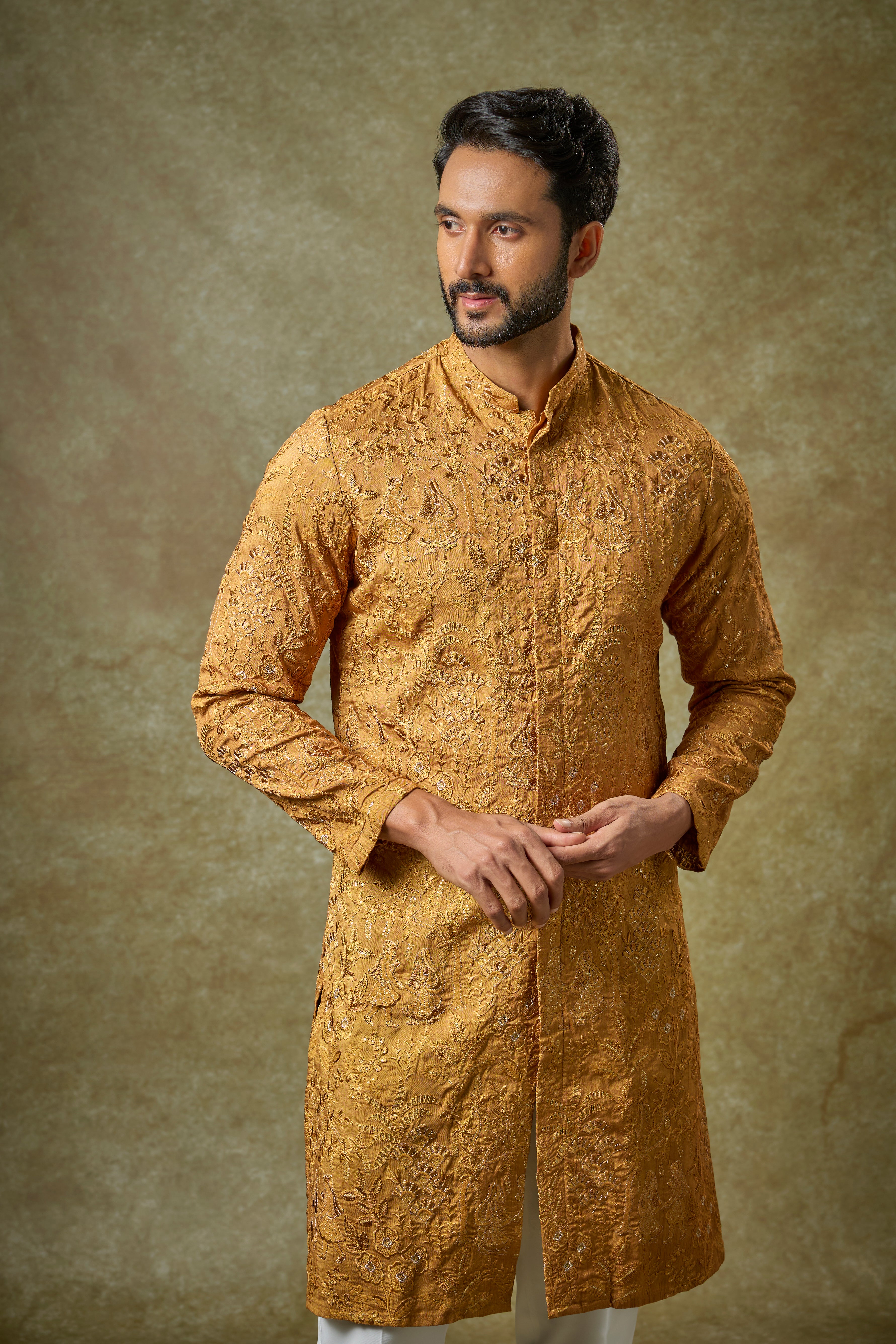 Dull Gold Silk Zari Embroidered Kurta Set
