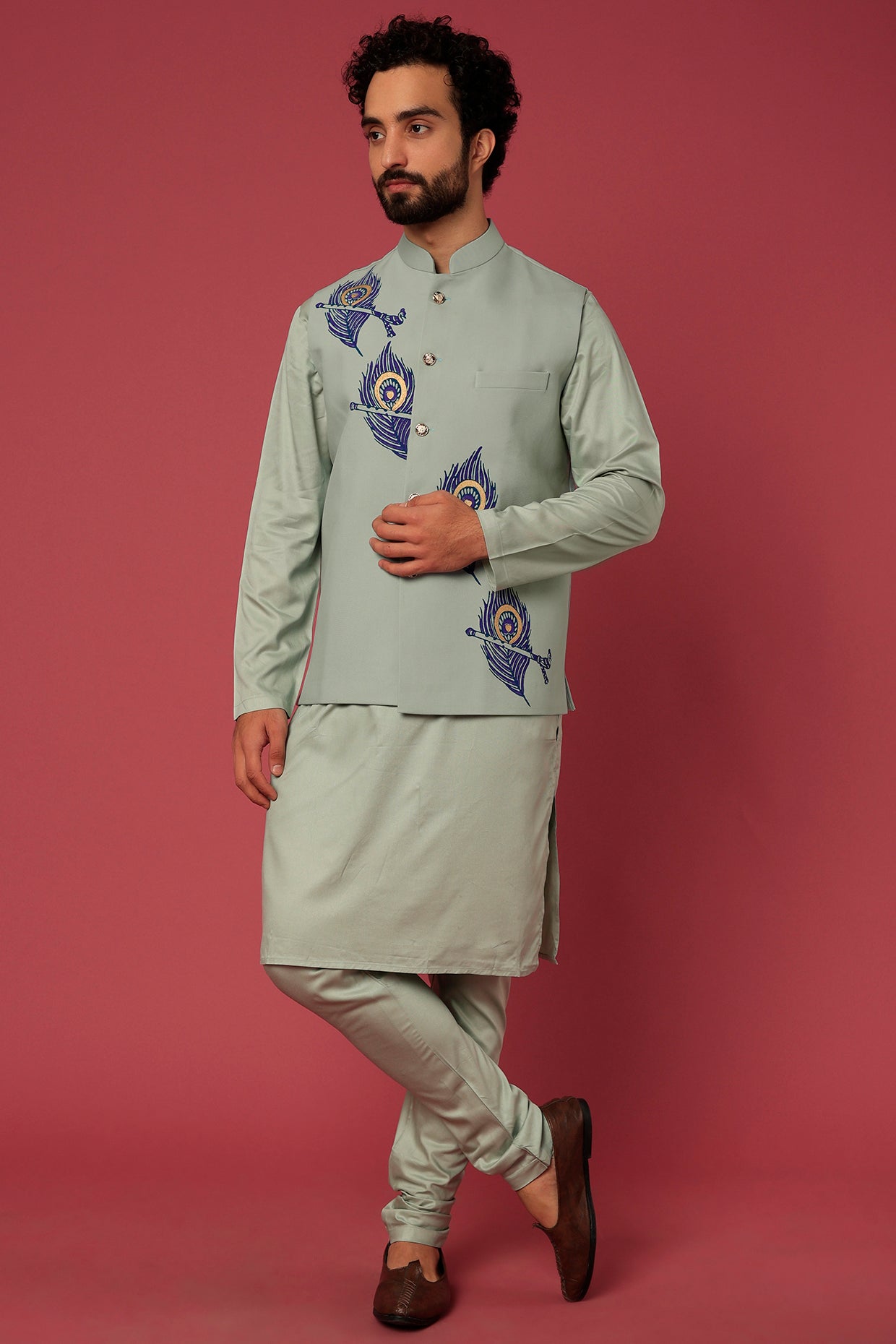 Faint Green Printed Bundi Jacket With Kurta Set