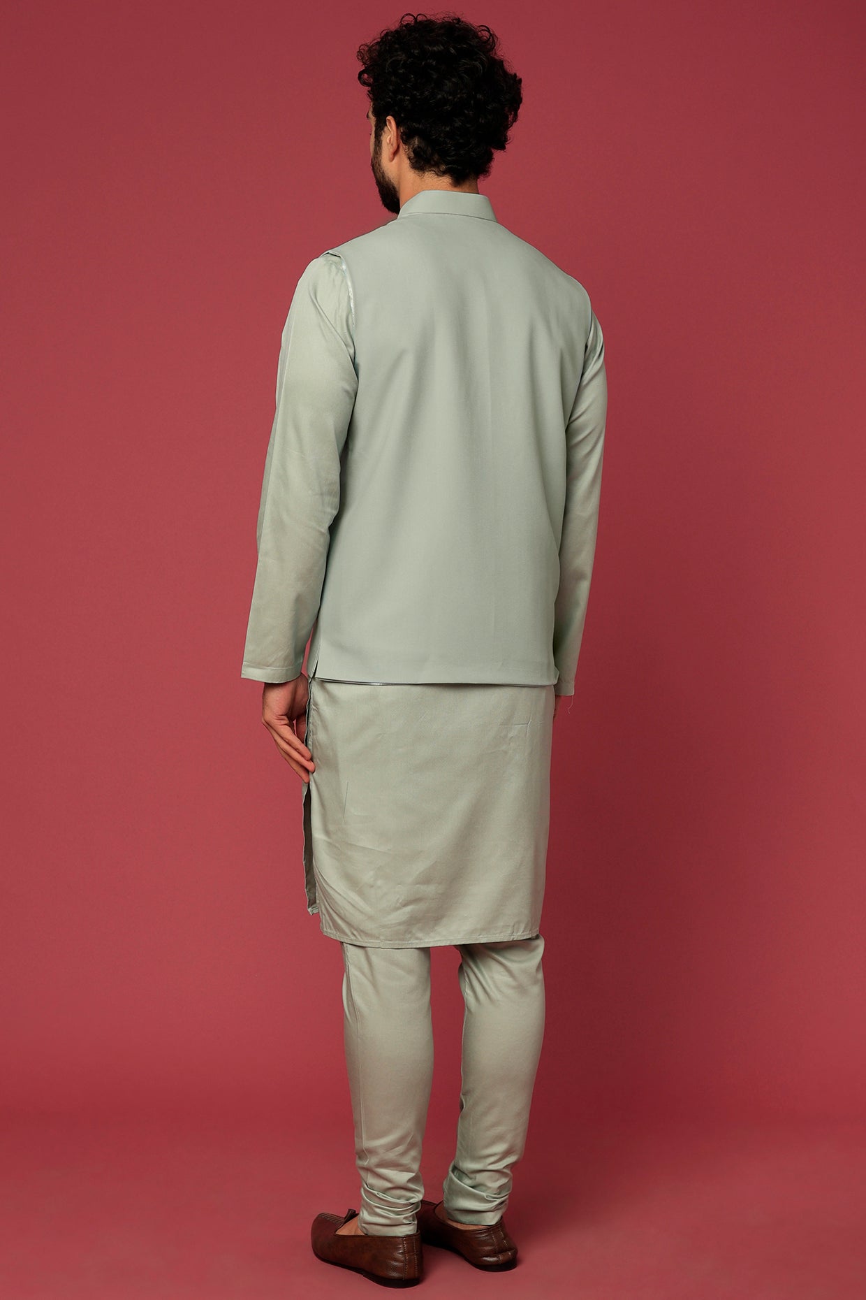 Faint Green Printed Bundi Jacket With Kurta Set