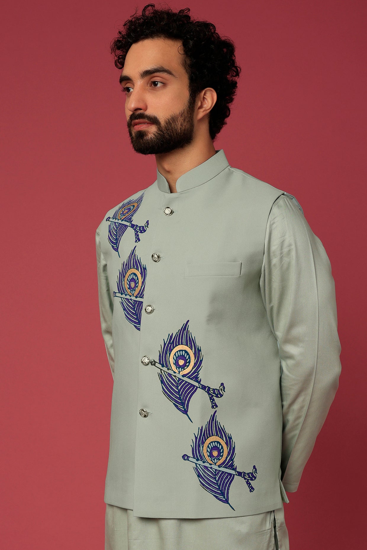 Faint Green Printed Bundi Jacket With Kurta Set