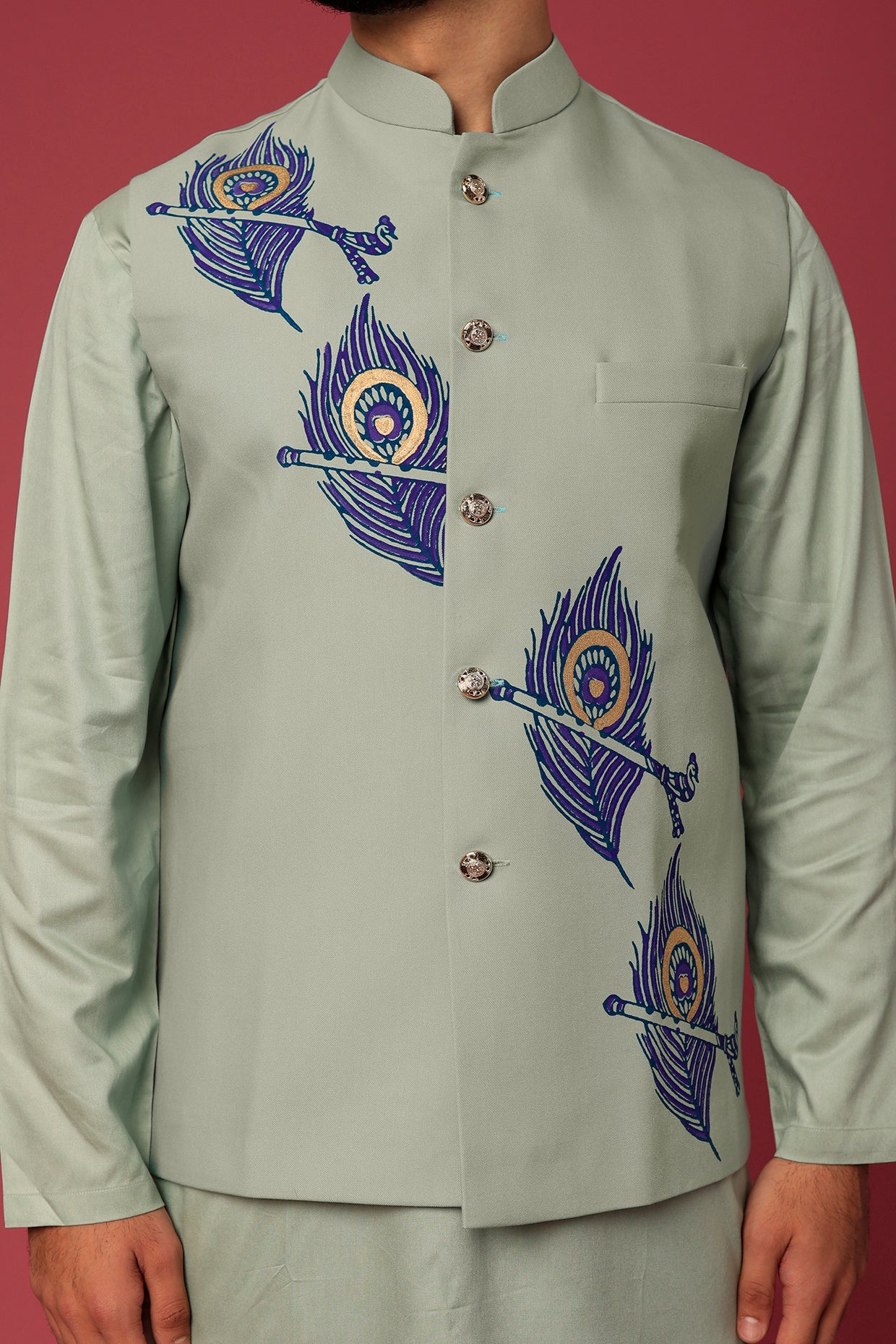 Faint Green Printed Bundi Jacket With Kurta Set