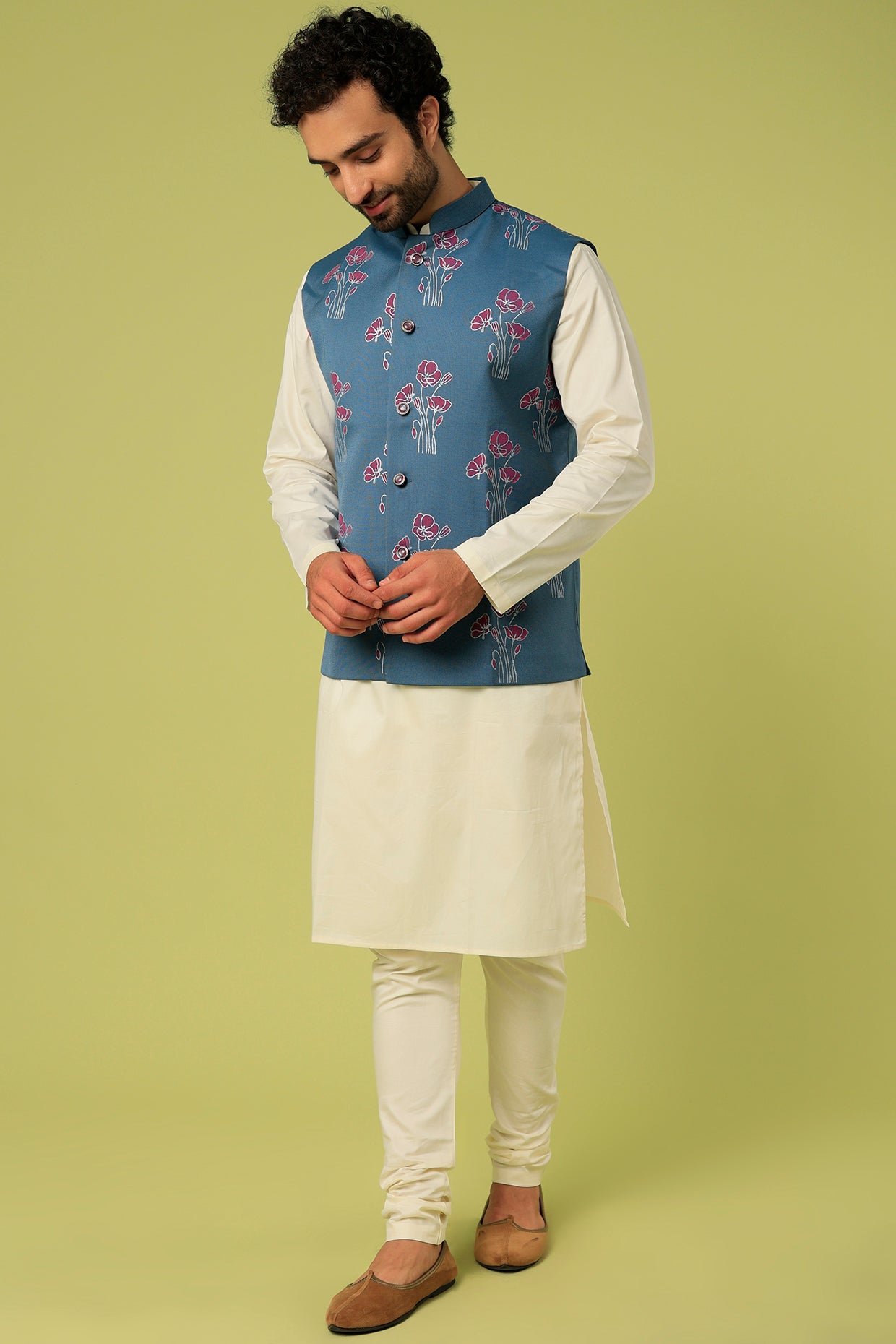 Cobalt Blue Terry Rayon Block Printed Bundi Jacket Set