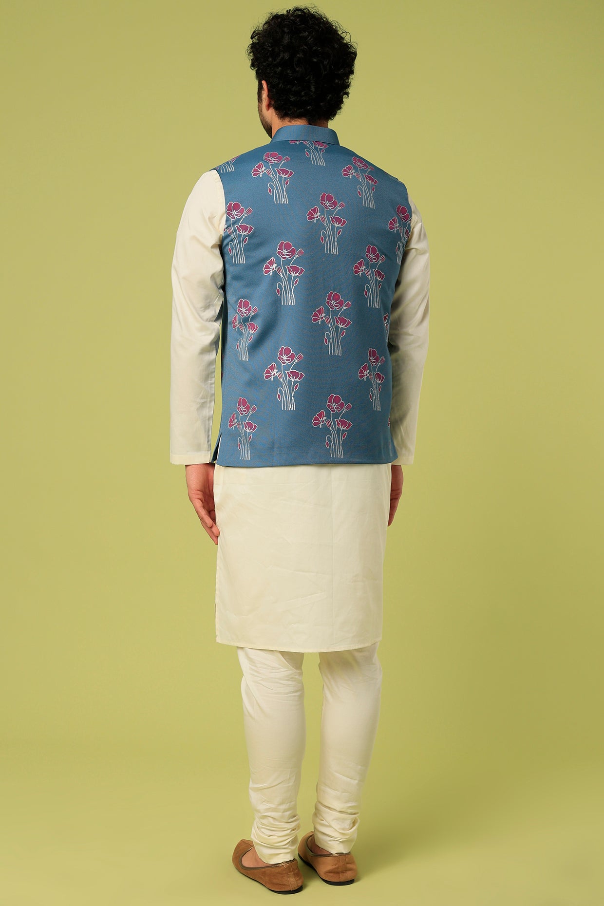 Cobalt Blue Terry Rayon Block Printed Bundi Jacket Set