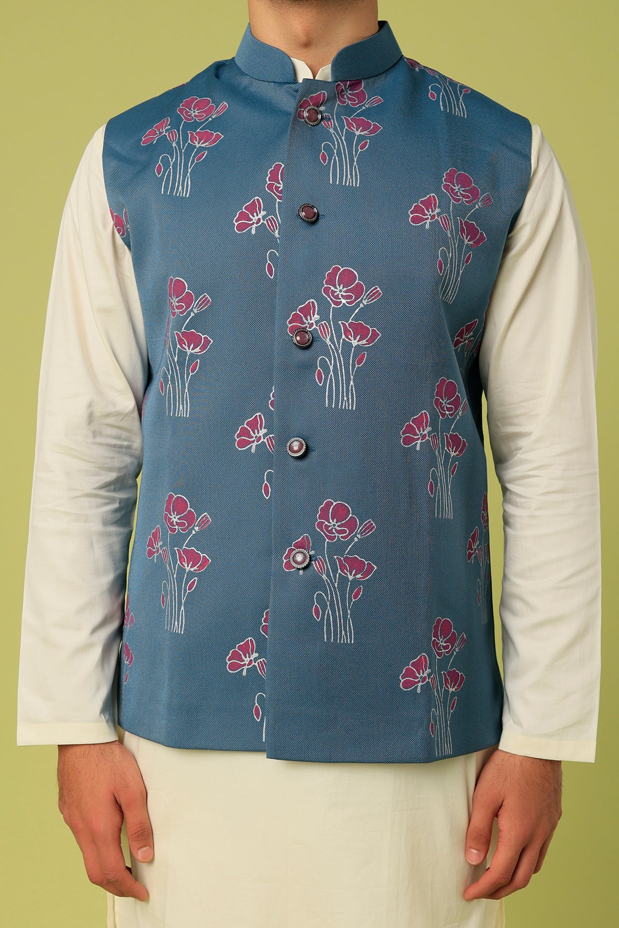Cobalt Blue Terry Rayon Block Printed Bundi Jacket Set