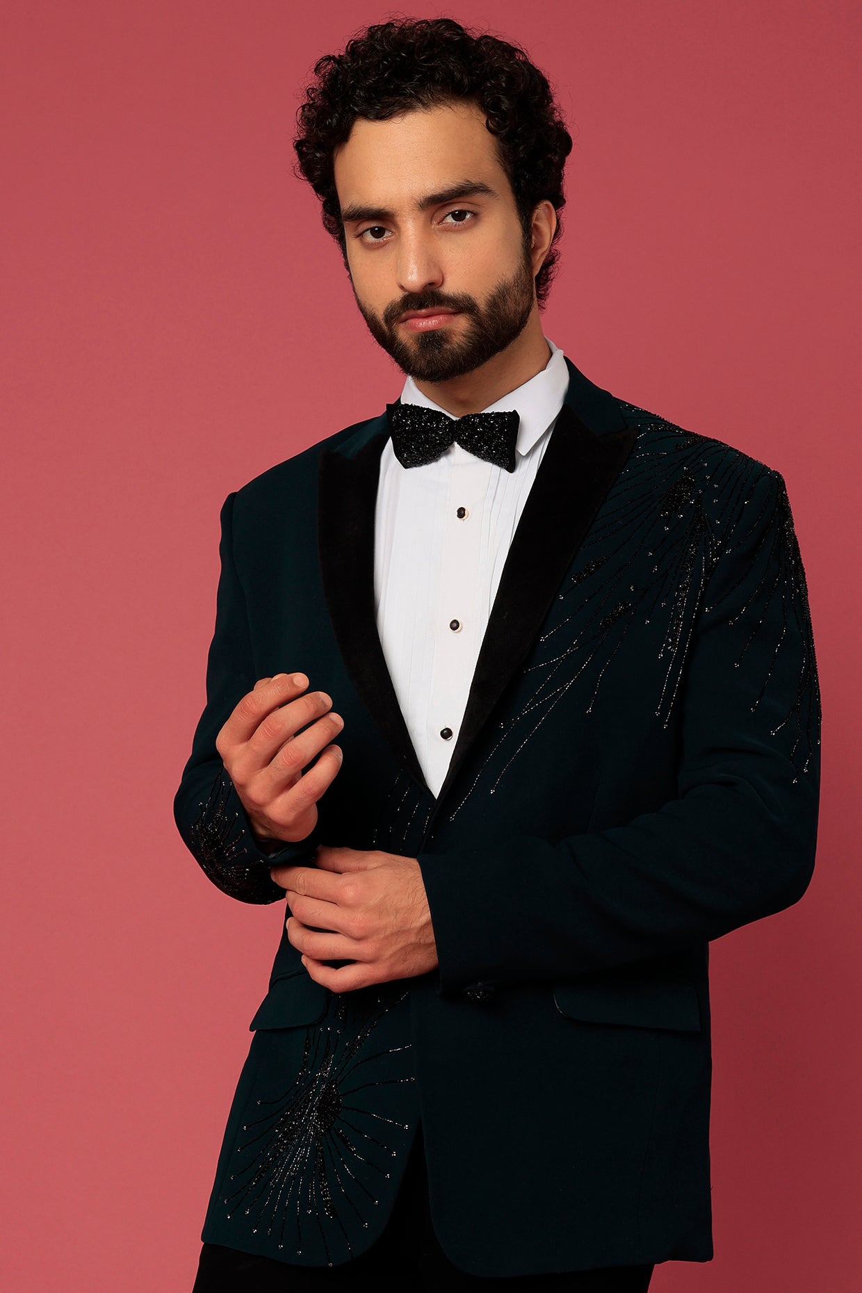 Bottle Green Twill Hand Worked Tuxedo Set
