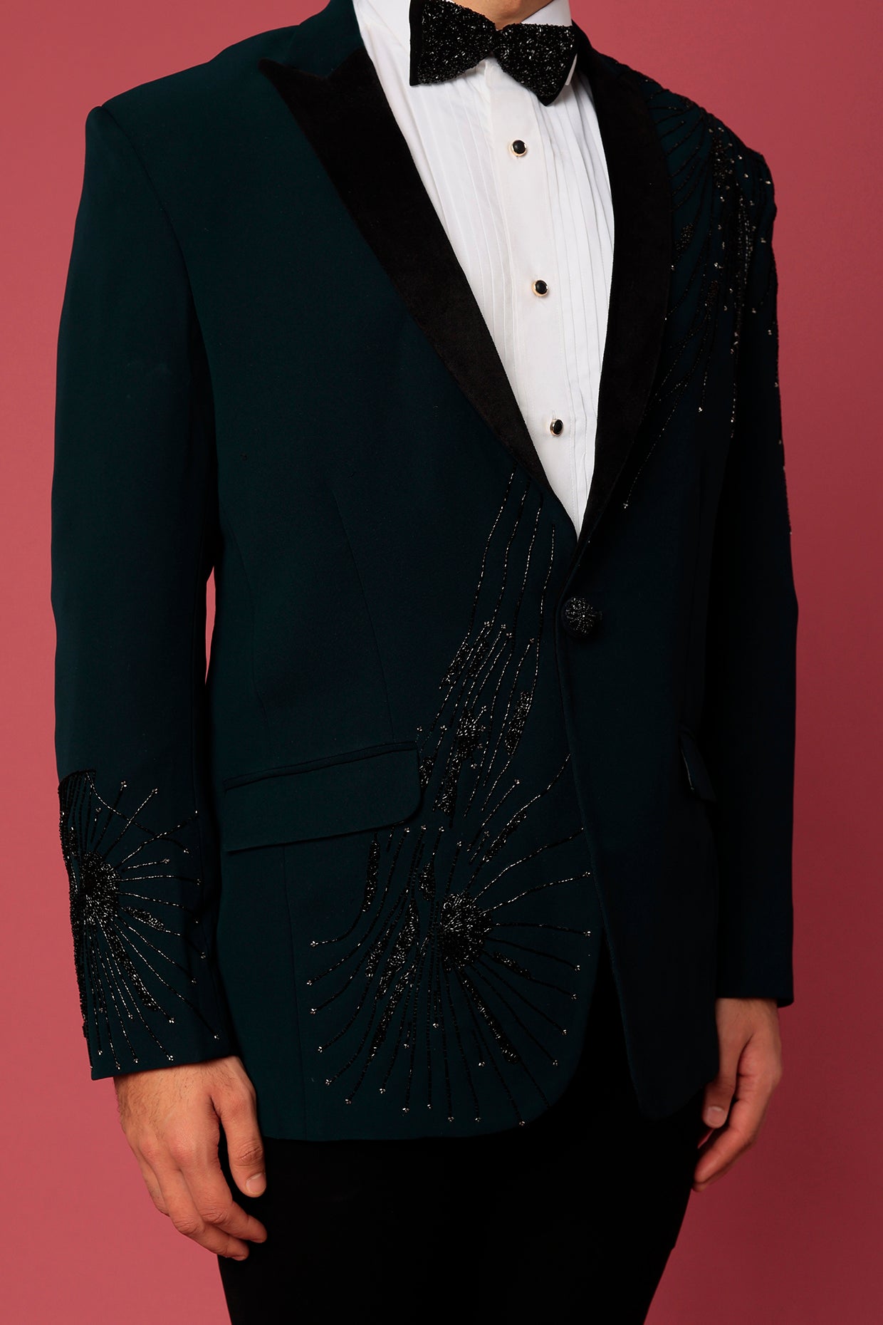 Bottle Green Twill Hand Worked Tuxedo Set