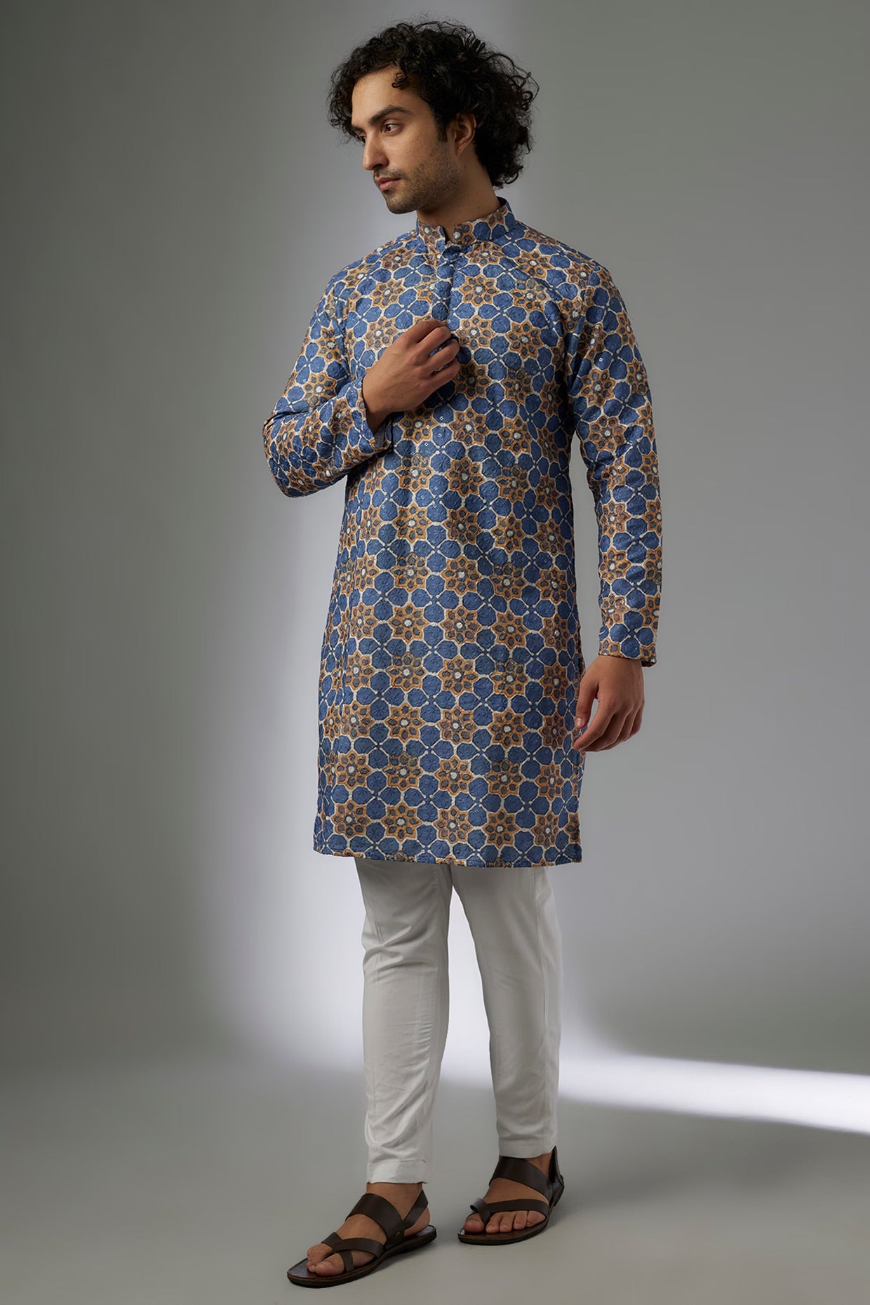 Blue Cotton Printed & Sequins Embroidered Kurta Set
