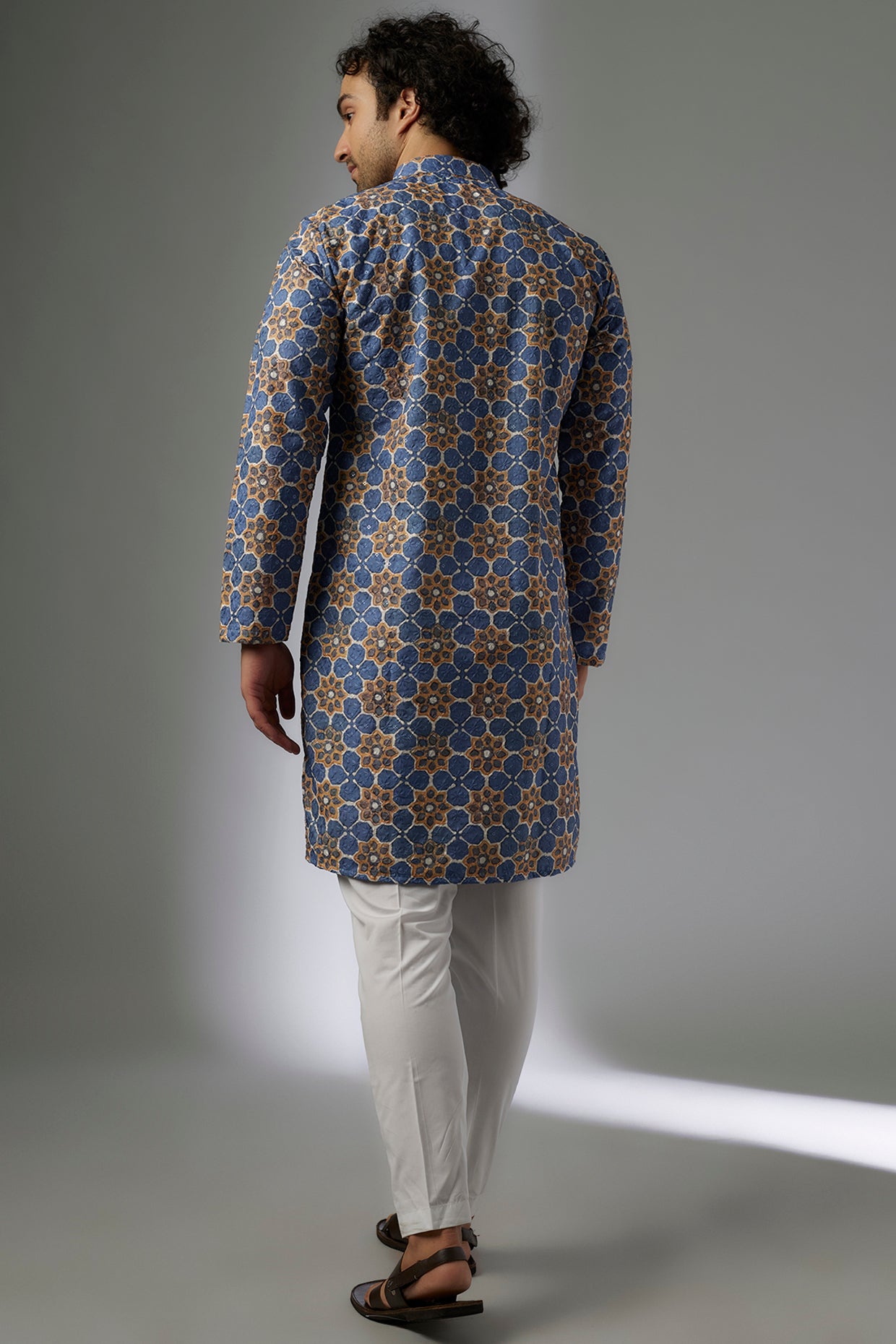 Blue Cotton Printed & Sequins Embroidered Kurta Set