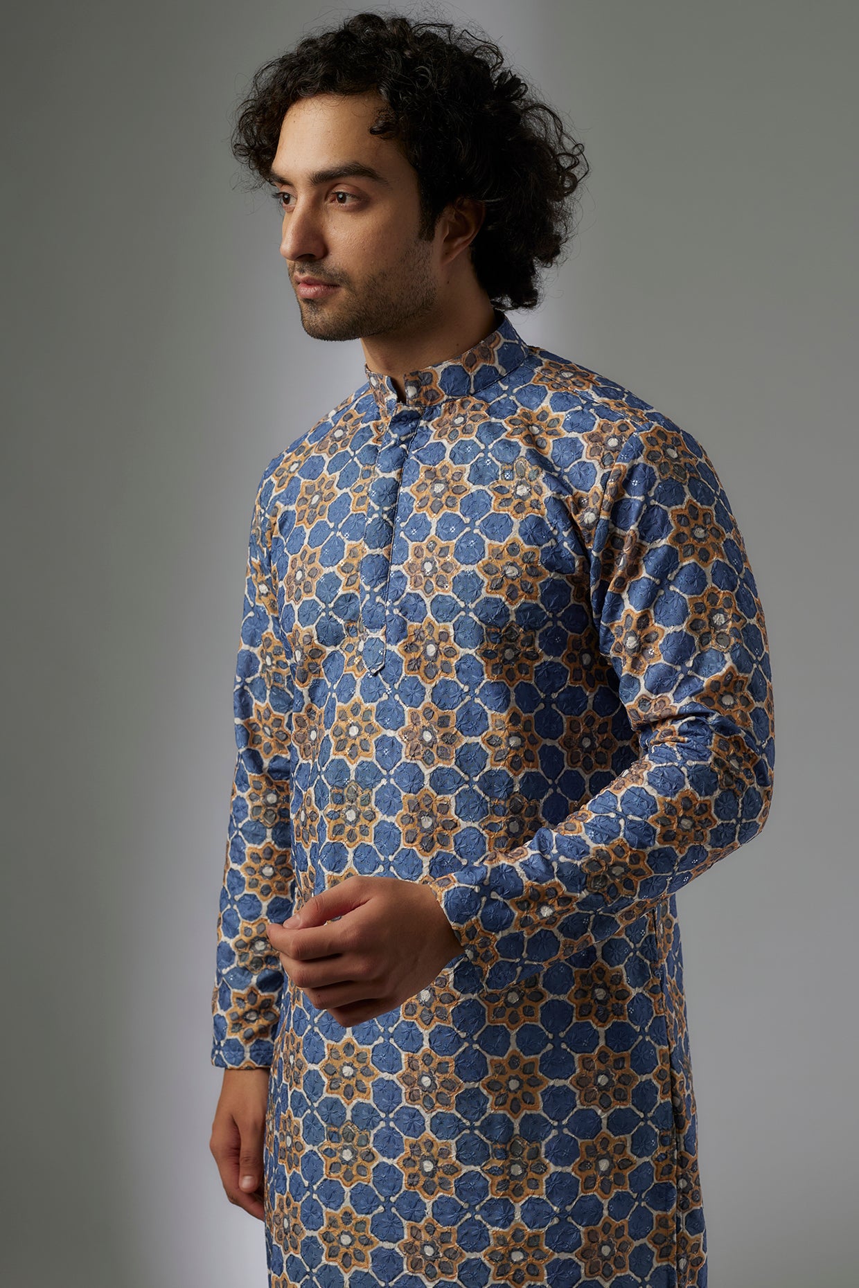 Blue Cotton Printed & Sequins Embroidered Kurta Set