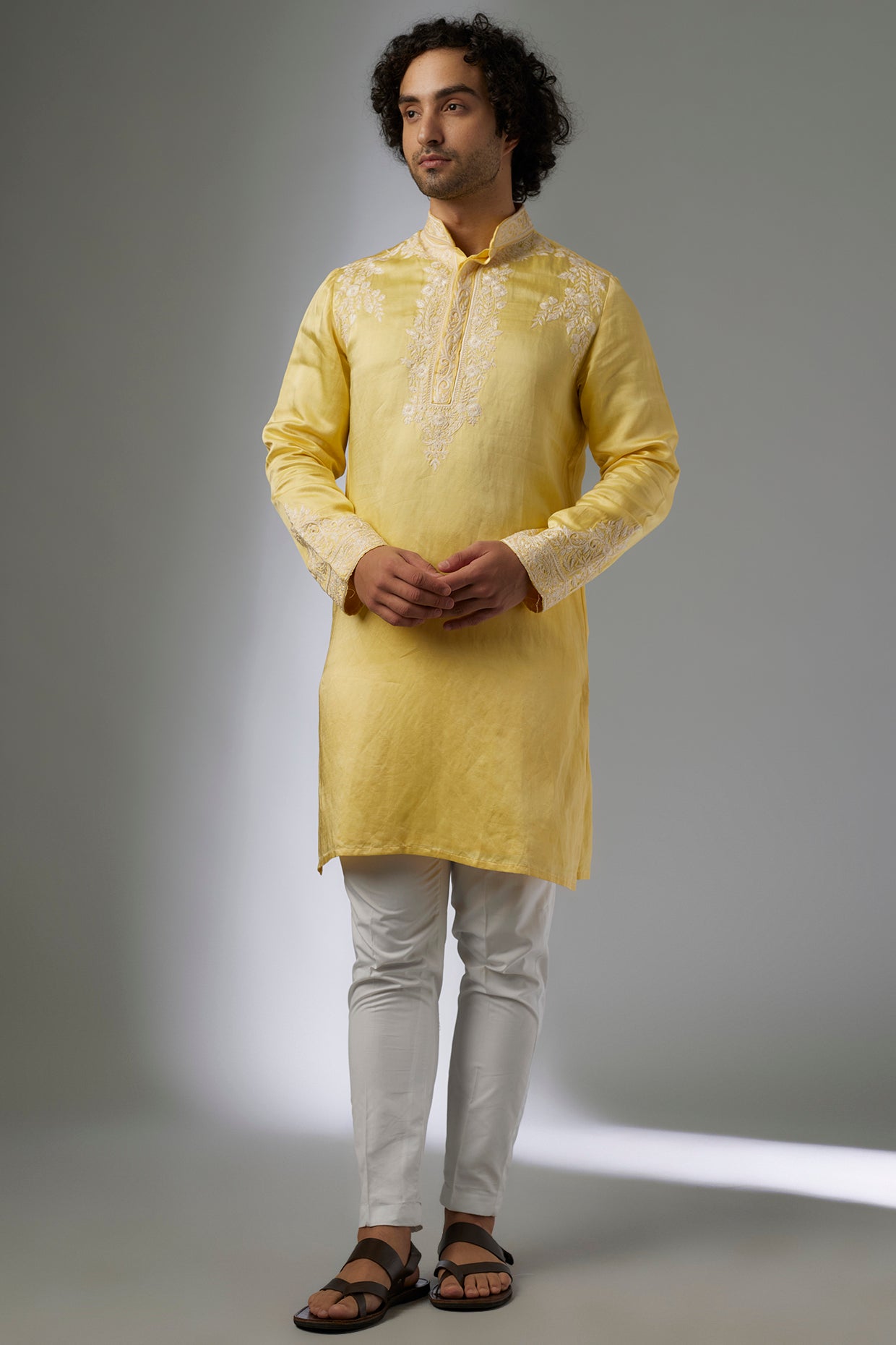Yellow Linen Silk Hand Embroidered Kurta Set