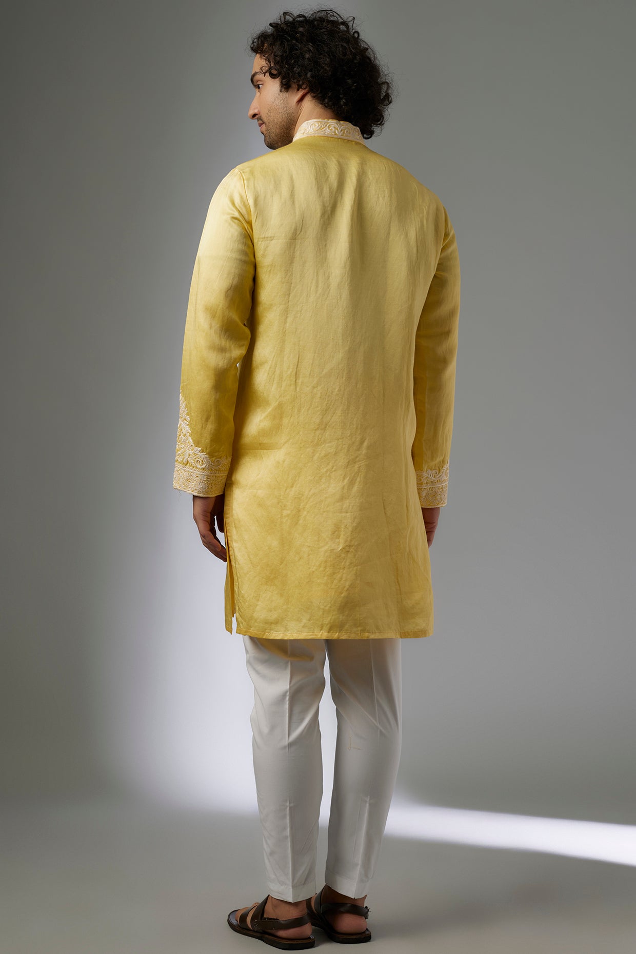 Yellow Linen Silk Hand Embroidered Kurta Set